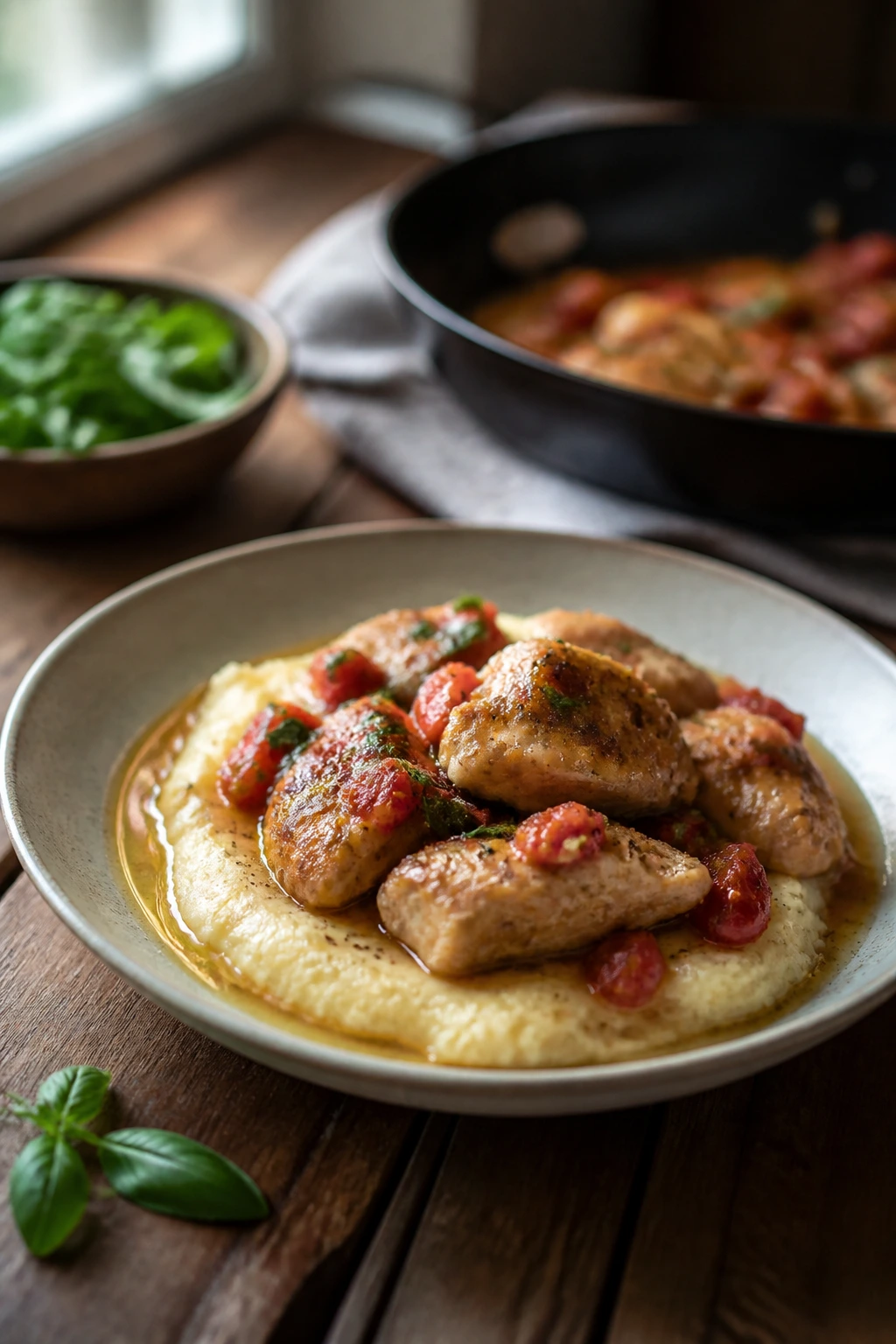Plated saucy skillet dinner in shallow bowl with sauce around starch.