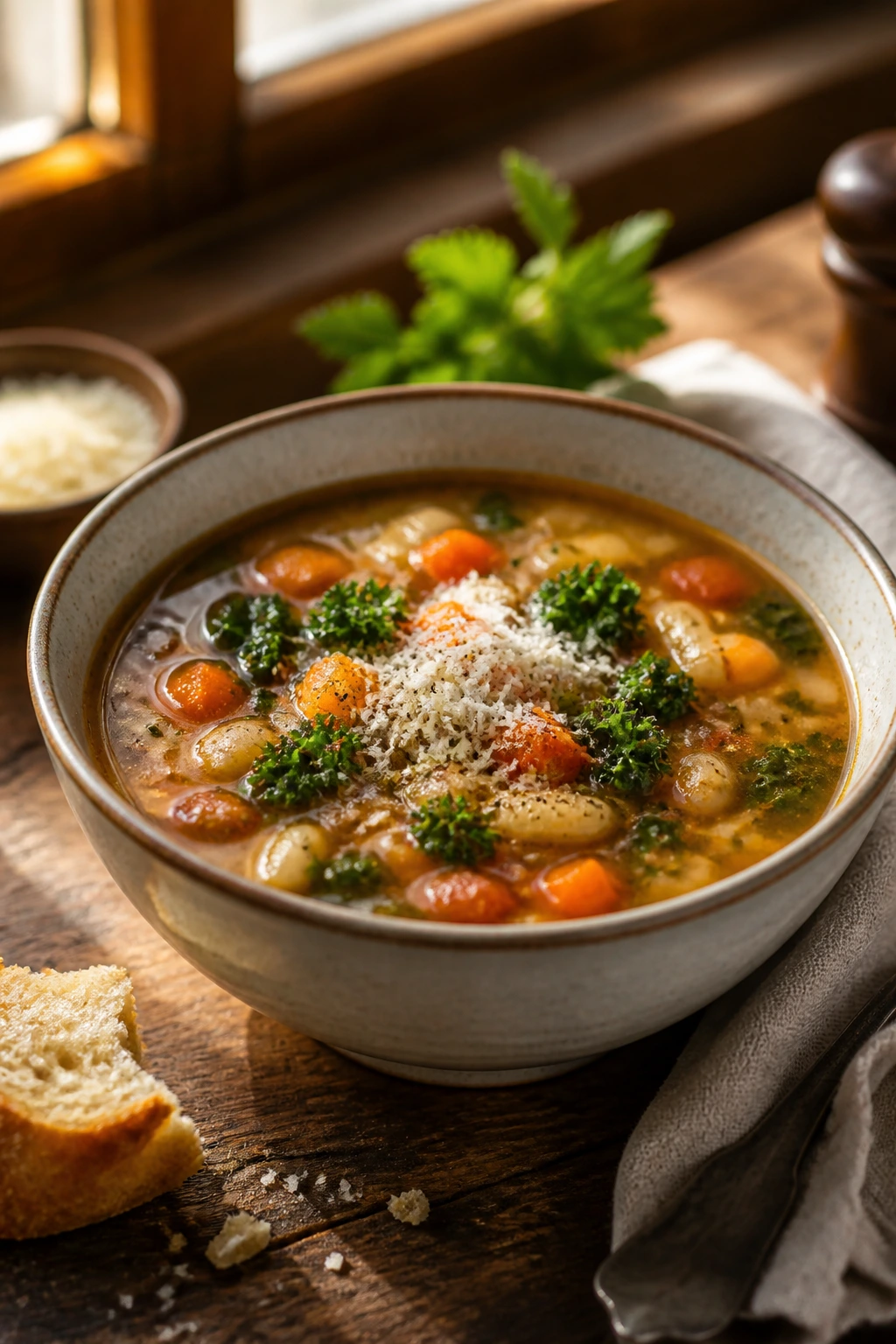 Plated bowl of soup with garnish on wooden table.