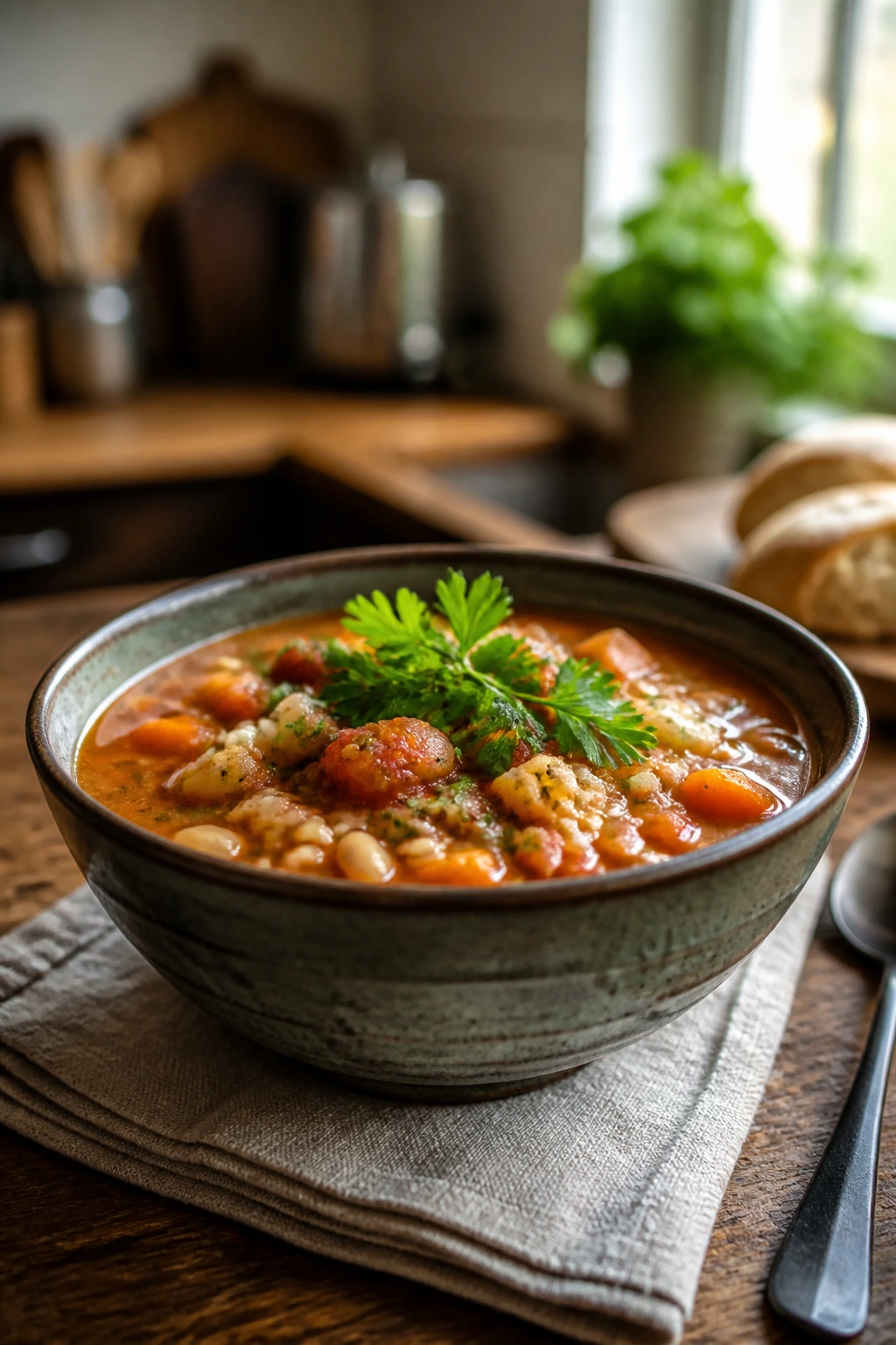 Close-up of a colorful bowl of soup with parsley garnish on a rustic wooden table in a cozy kitchen.
