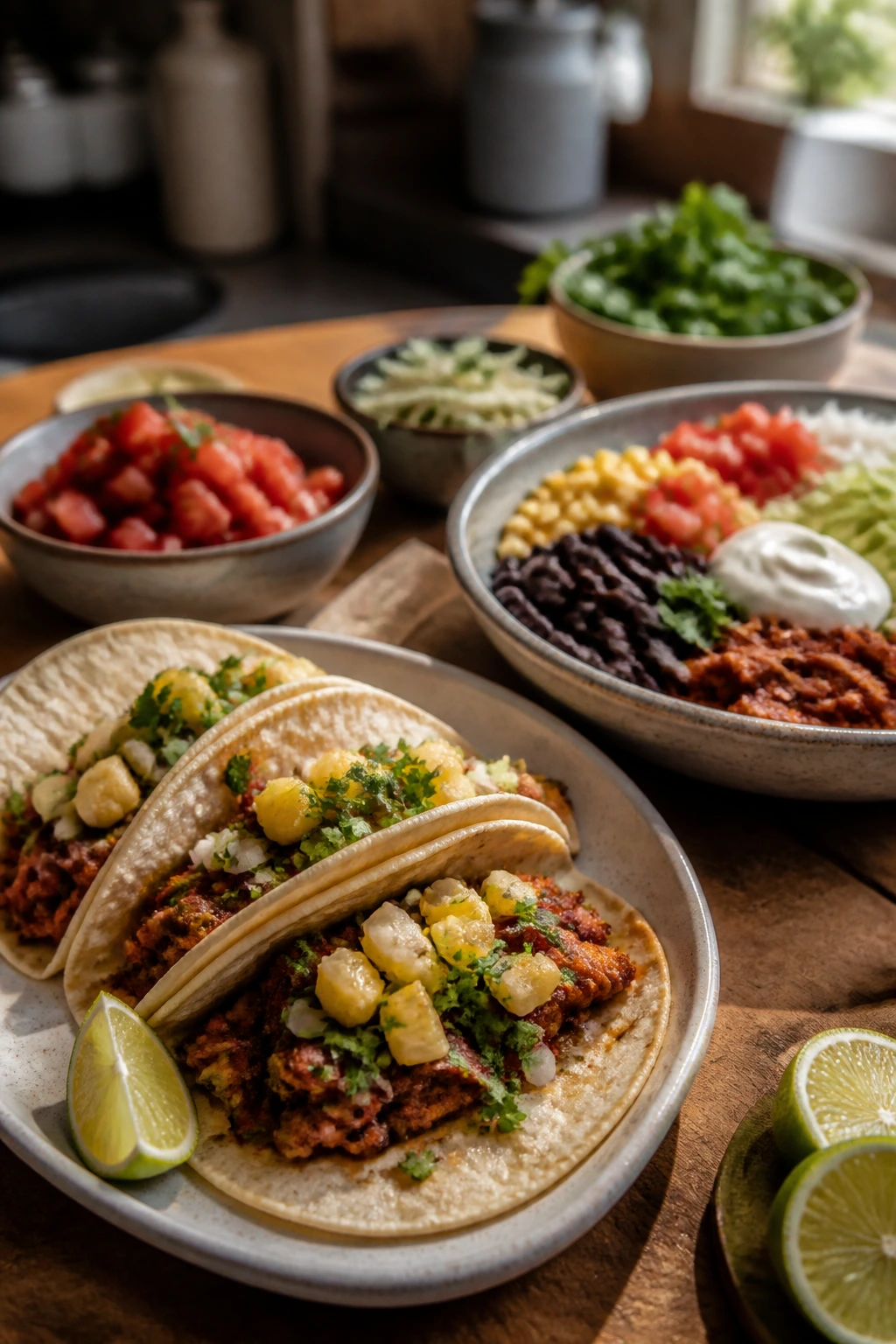Close-up of plated tacos and bowls showing fillings in a rustic kitchen