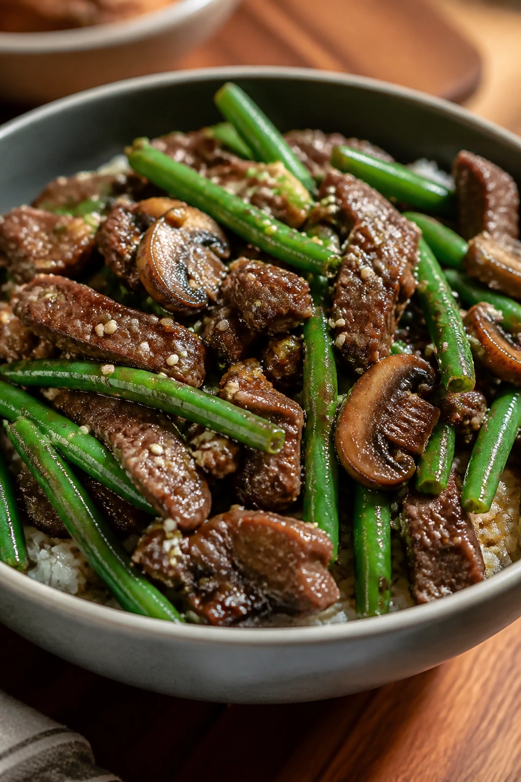 Close-up sesame beef with green beans and mushrooms