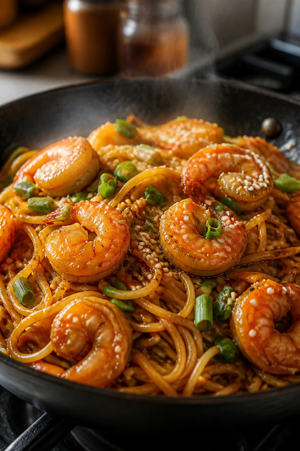 Close-up of glossy sesame garlic shrimp noodles in a skillet on a kitchen stove