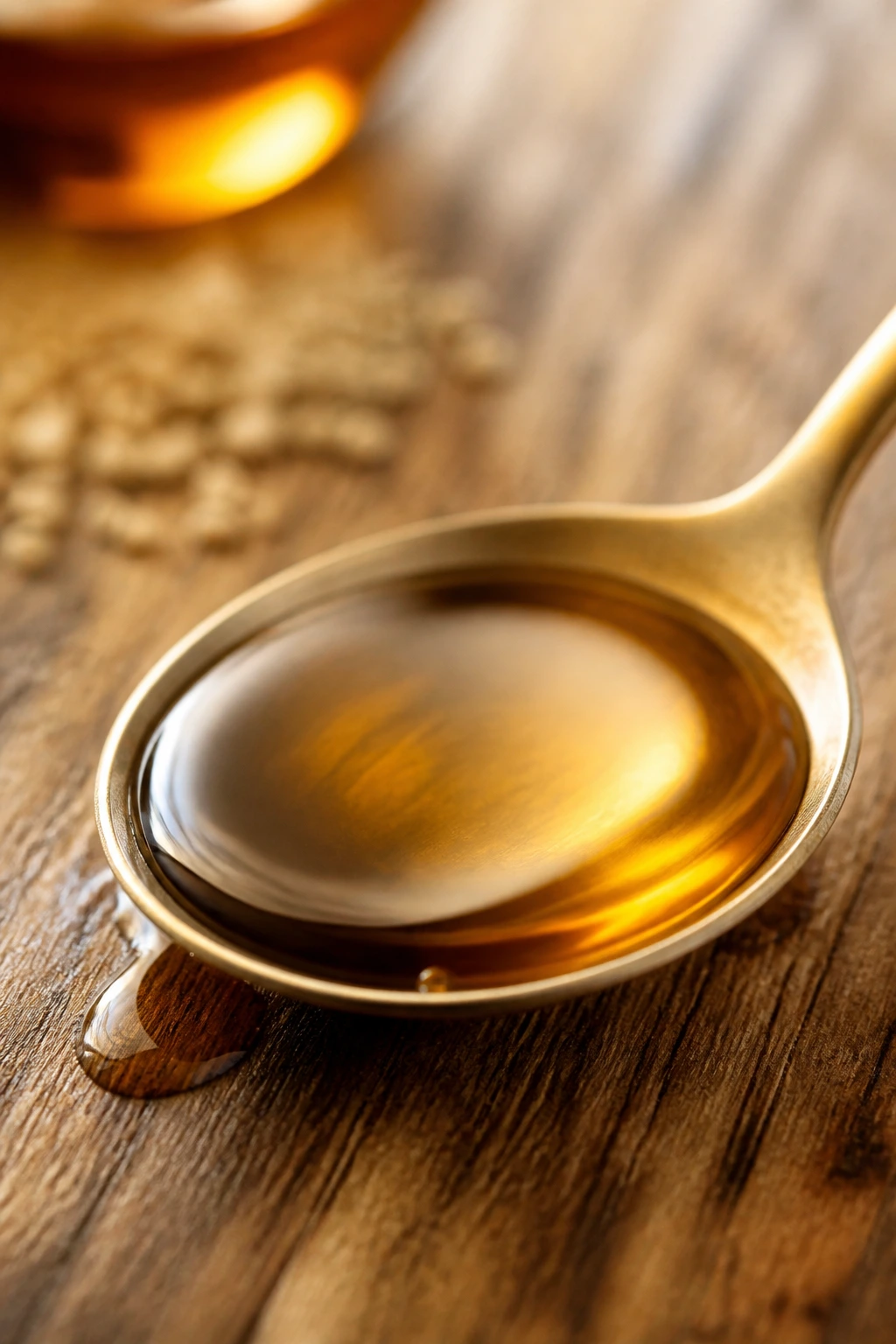 Teaspoon of toasted sesame oil on wood