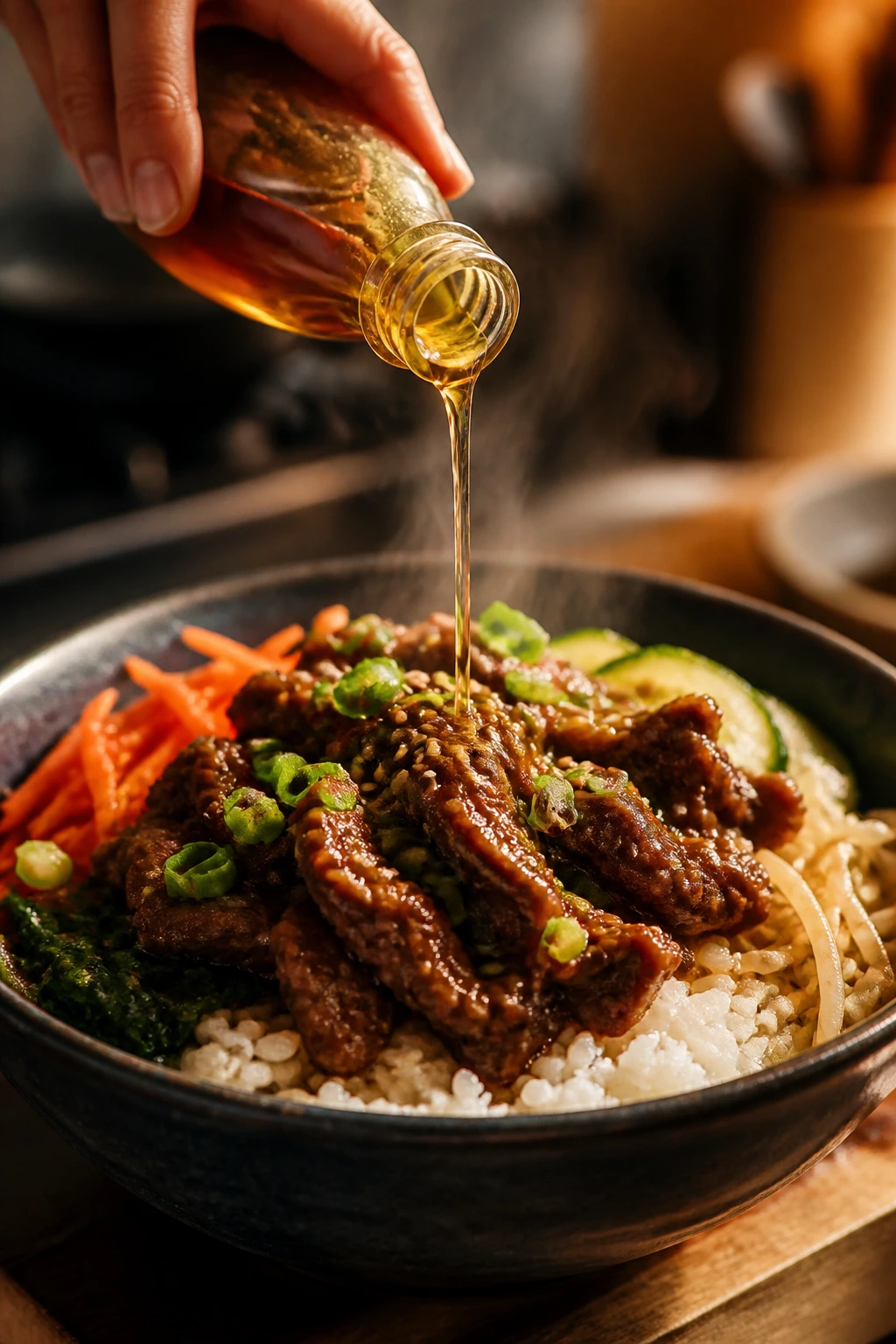 Hand drizzling sesame oil over a finished beef bowl