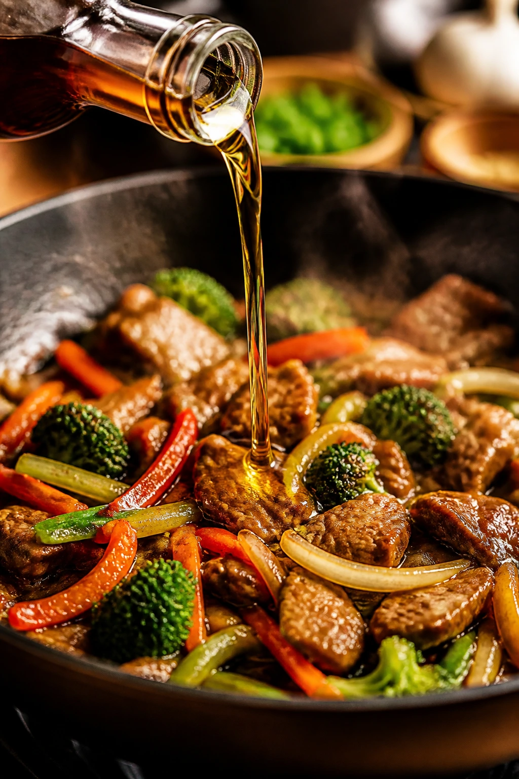 Sesame oil drizzle over hot stir-fry in a skillet.