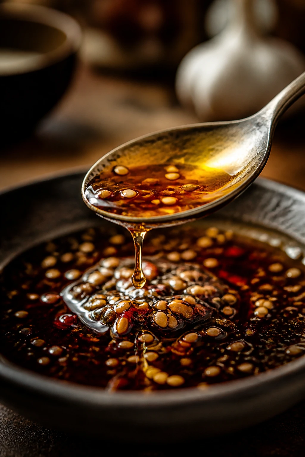 Small spoon with sesame oil droplets over a glossy sauce in a kitchen