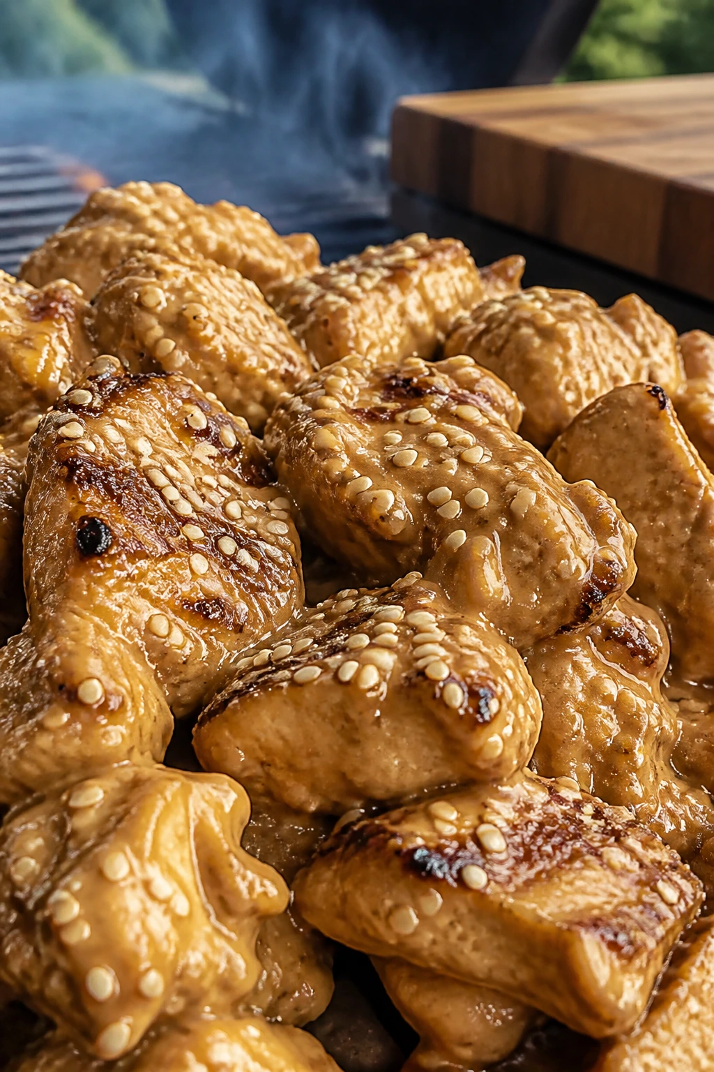 Sesame peanut chicken pieces with sesame seeds