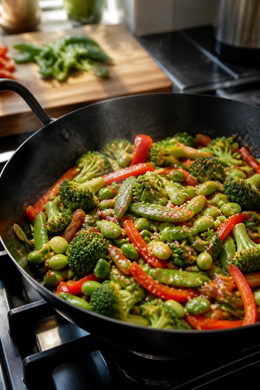 Close-up of Sesame Veggie Stir-Fry with Edamame in a skillet with colorful vegetables and glossy sauce