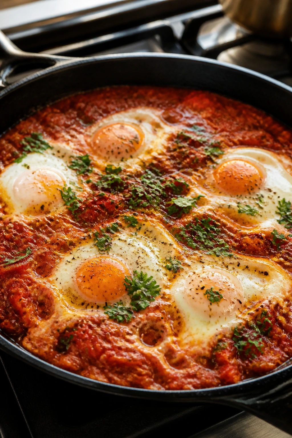 Close-up of shakshuka with eggs in tomato sauce on a skillet