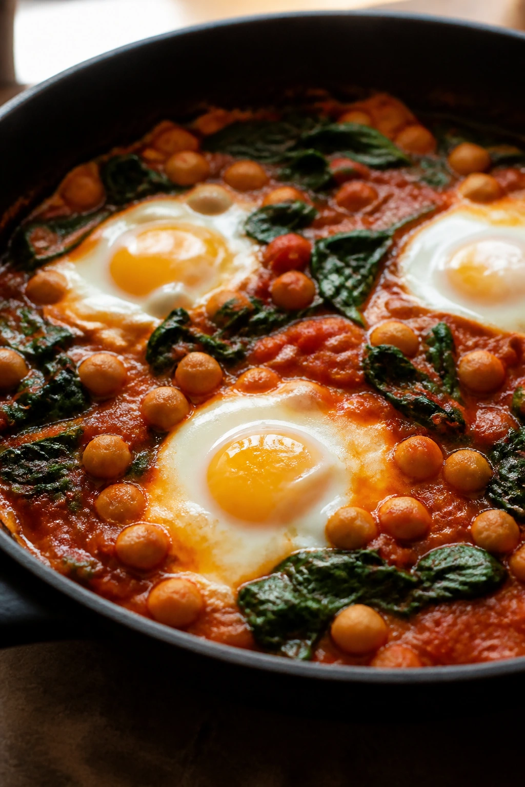 Shakshuka with chickpeas spinach and eggs in skillet