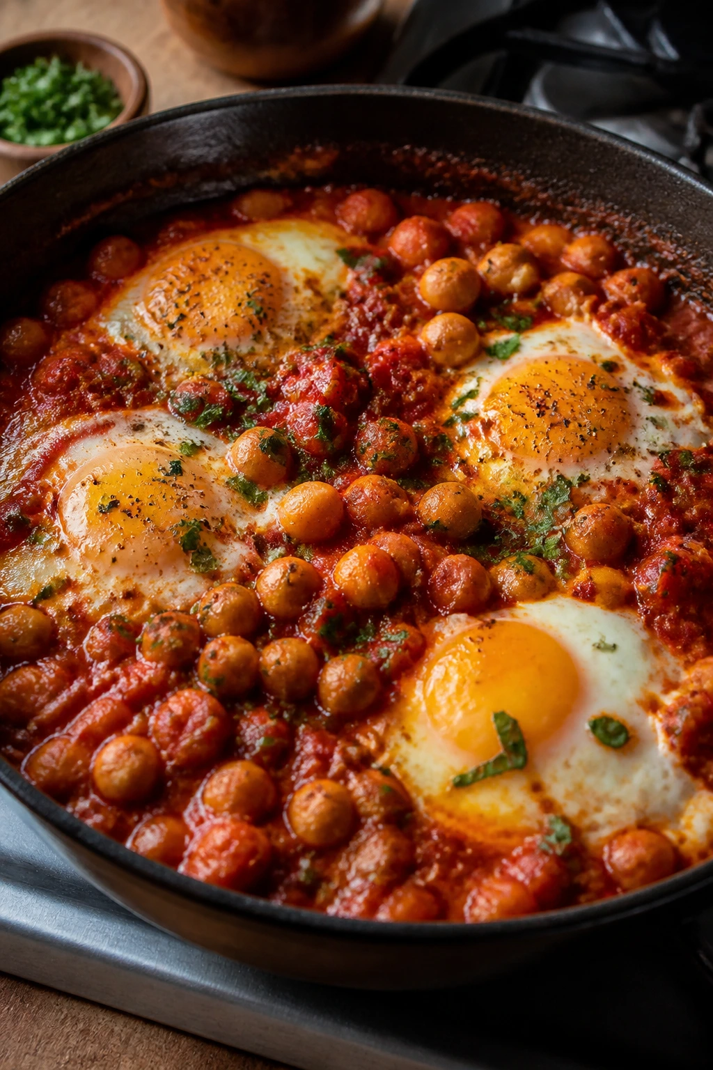 Close-up of shakshuka with eggs and chickpeas in a skillet on a warm kitchen stove