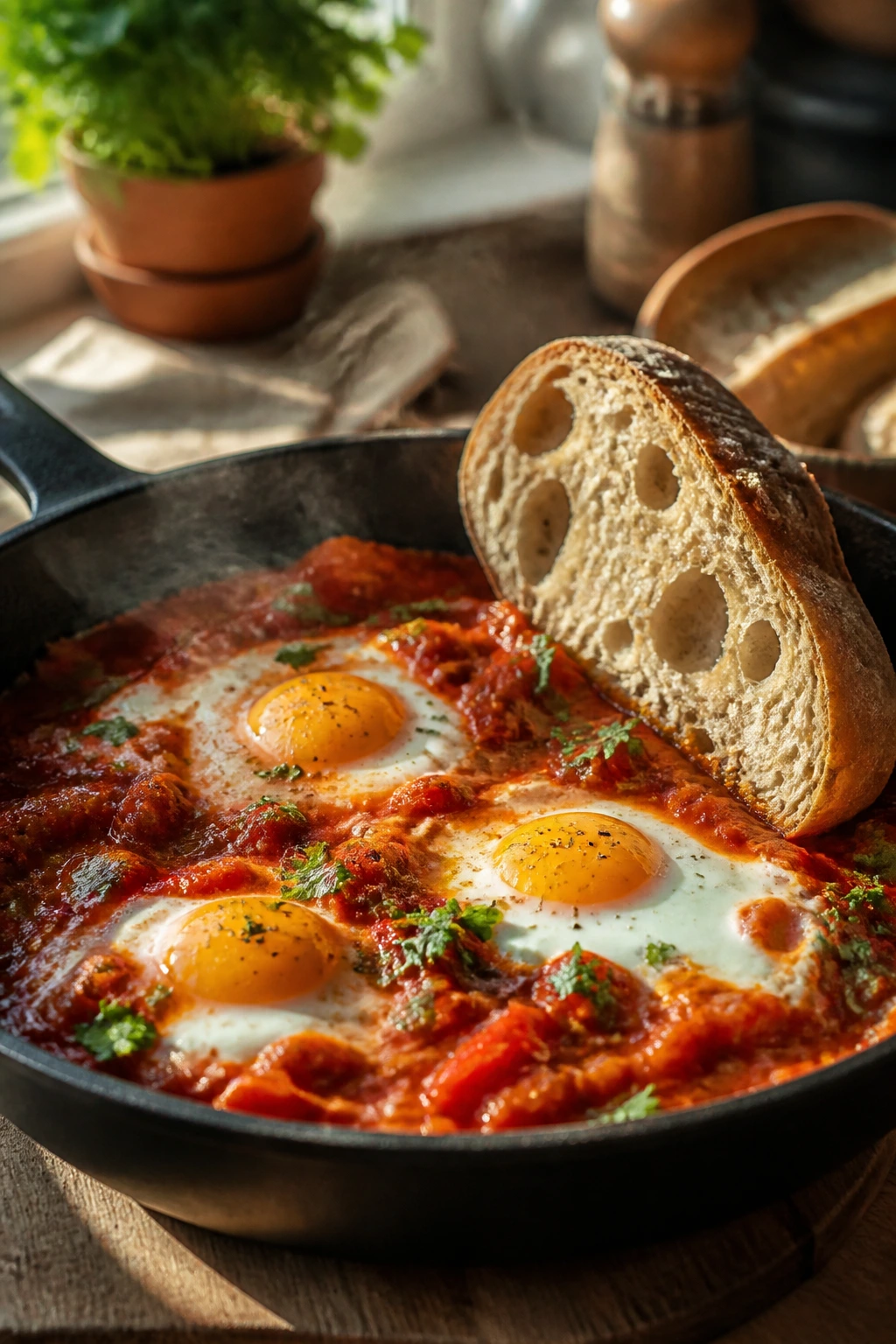 Close-up of shakshuka with crusty bread in a skillet, eggs in tomato sauce