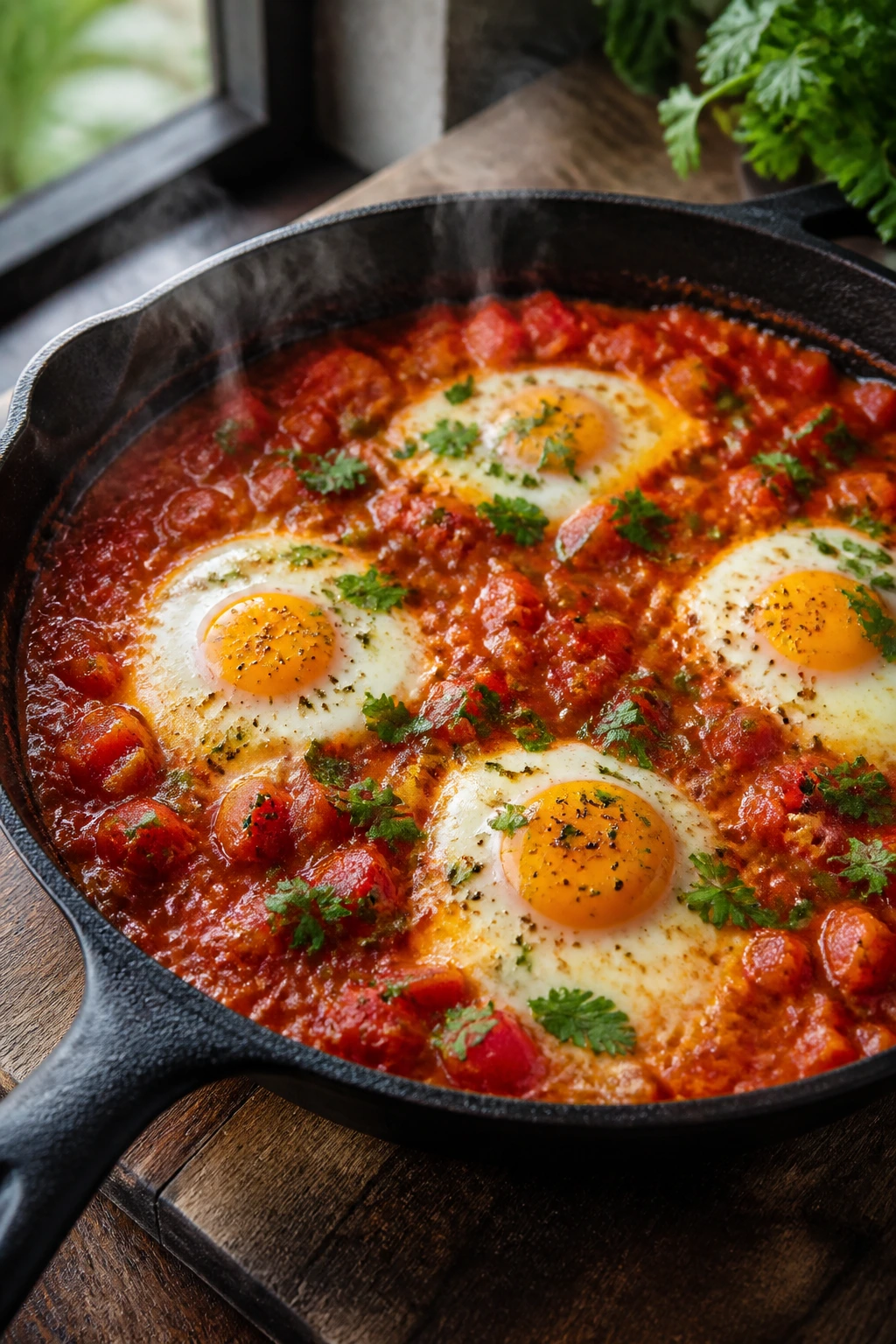 Shakshuka in a cast-iron skillet filling the frame with steam