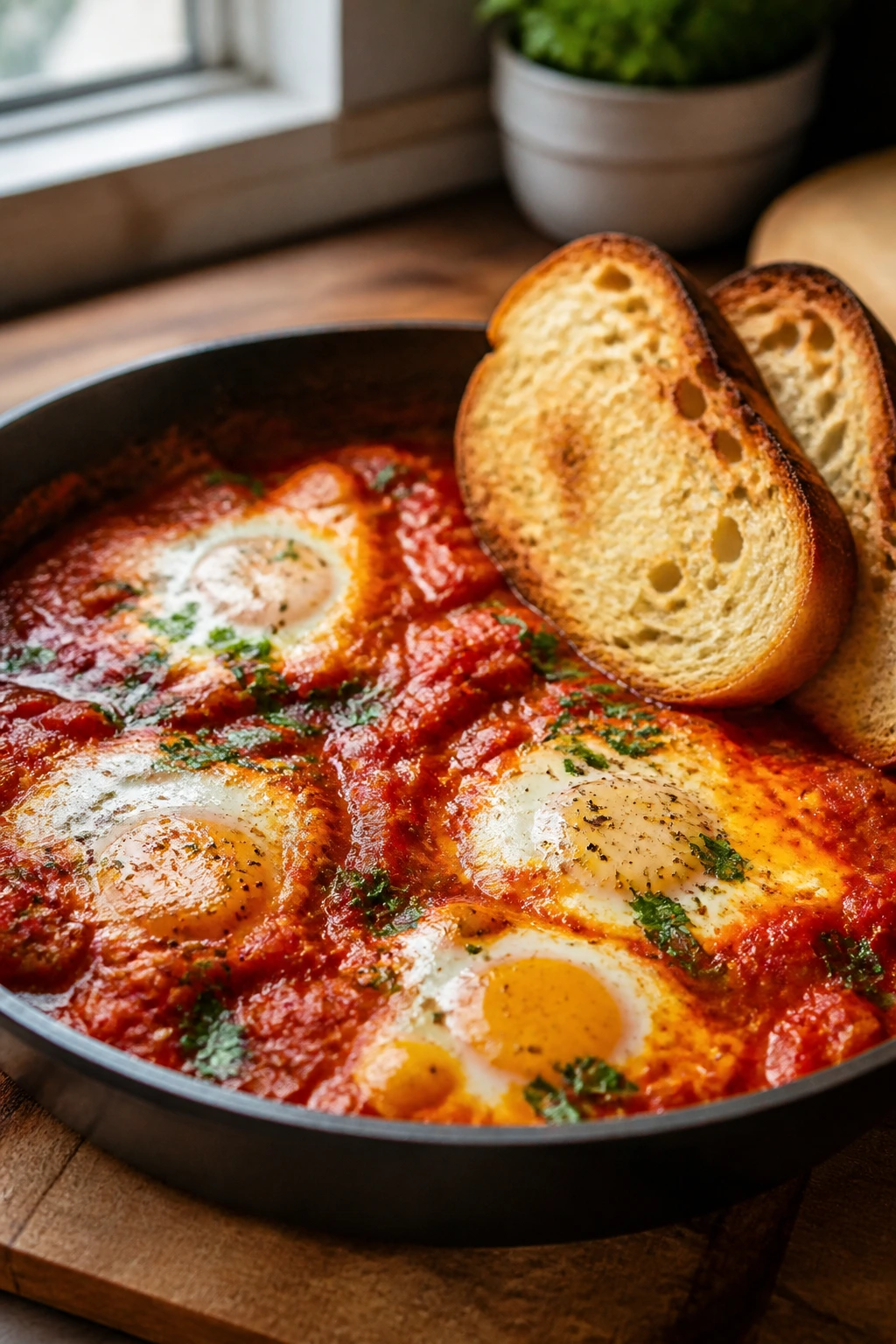 Close-up of shakshuka with toast in a skillet on a kitchen counter
