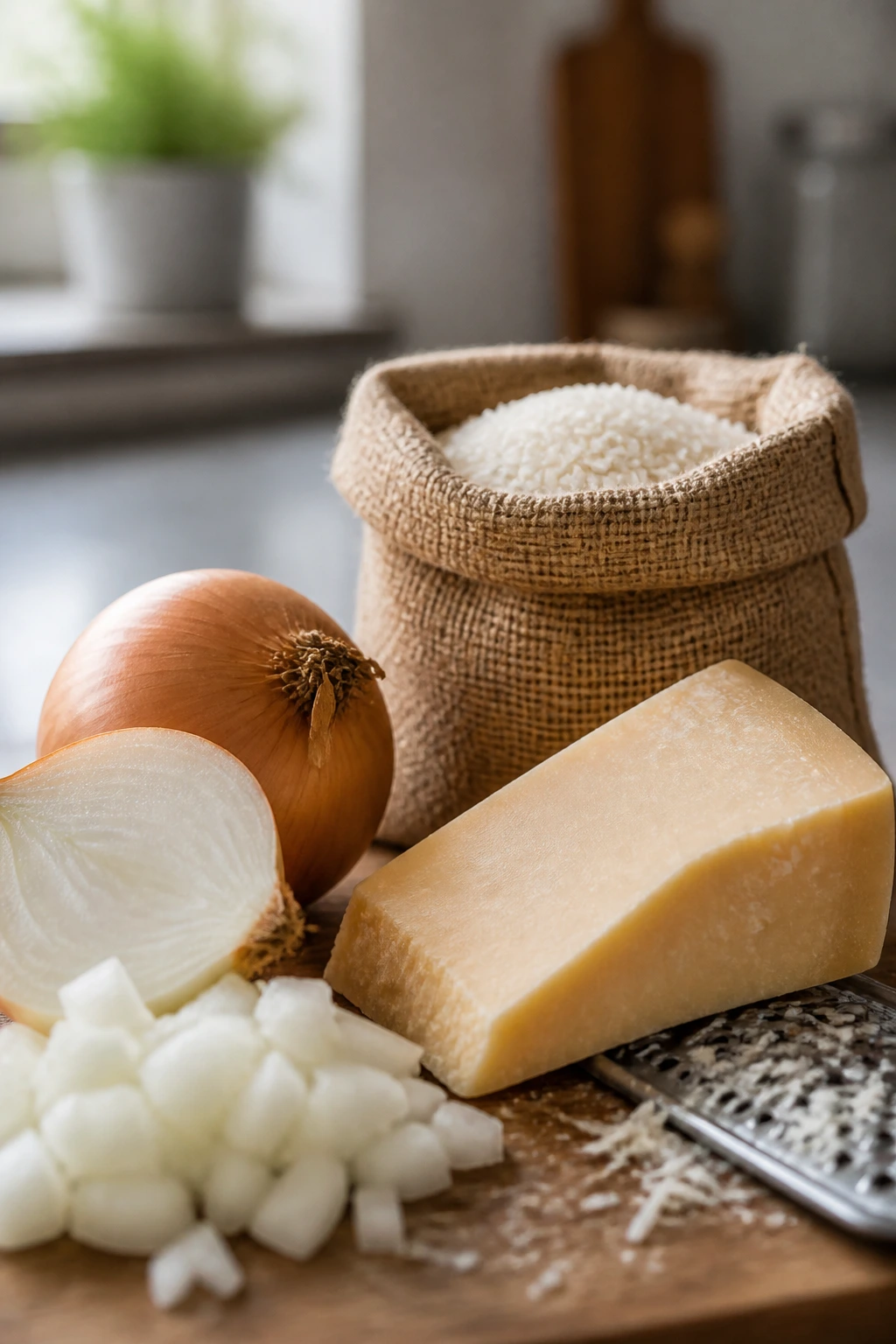 Onions, rice, and cheese prepared for shared meals