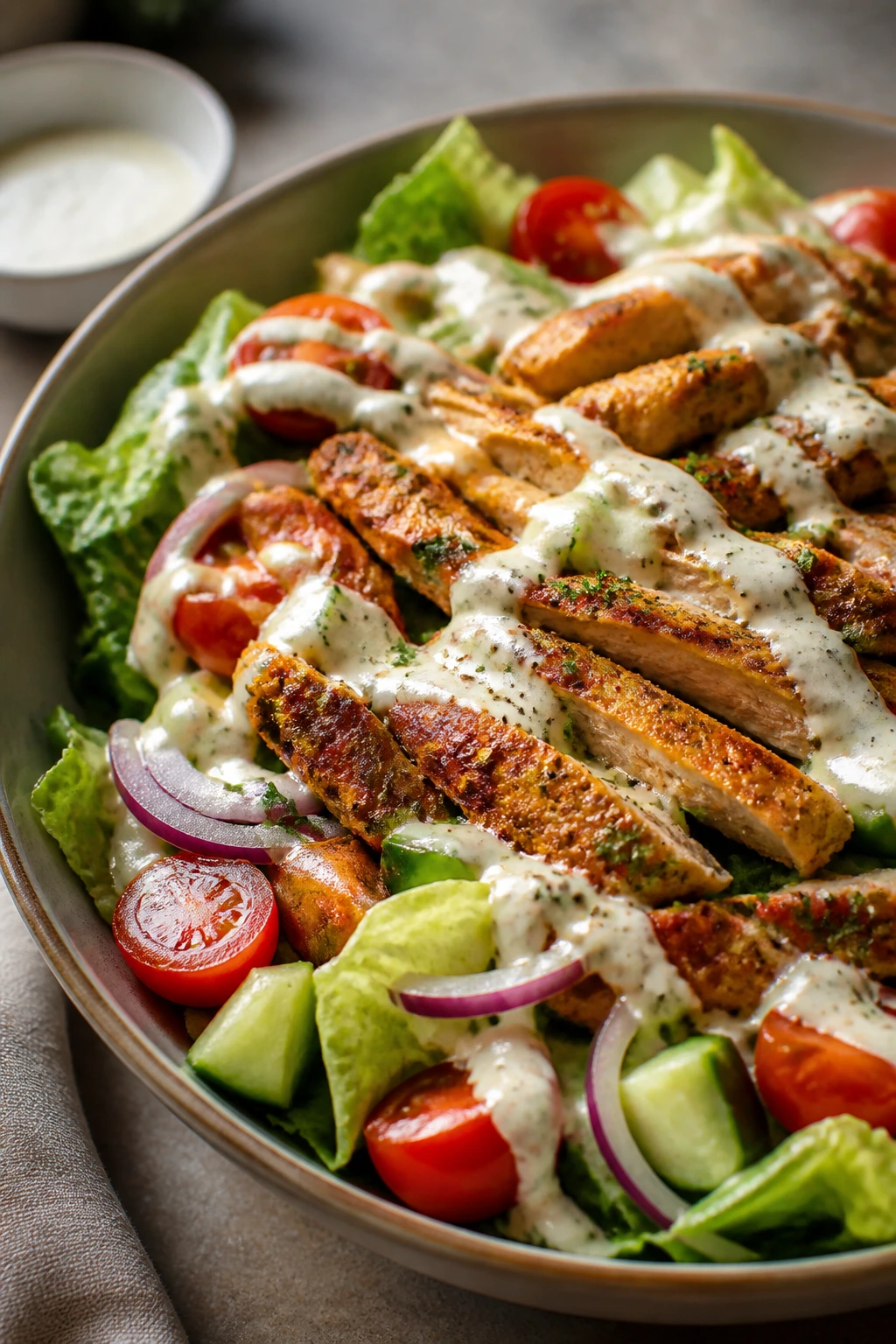 Close-up of chicken shawarma salad in a bowl with greens and vegetables