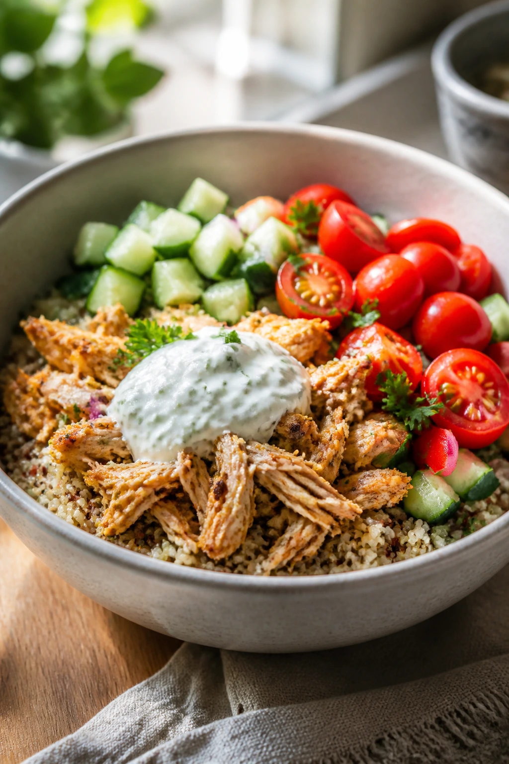 Colorful quinoa bowl with chicken shawarma and fresh vegetables.