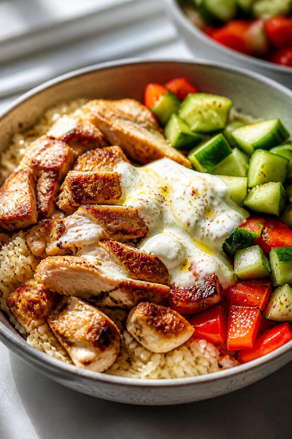 Close-up of a spiced chicken shawarma bowl with cucumber and yogurt sauce in a bright kitchen