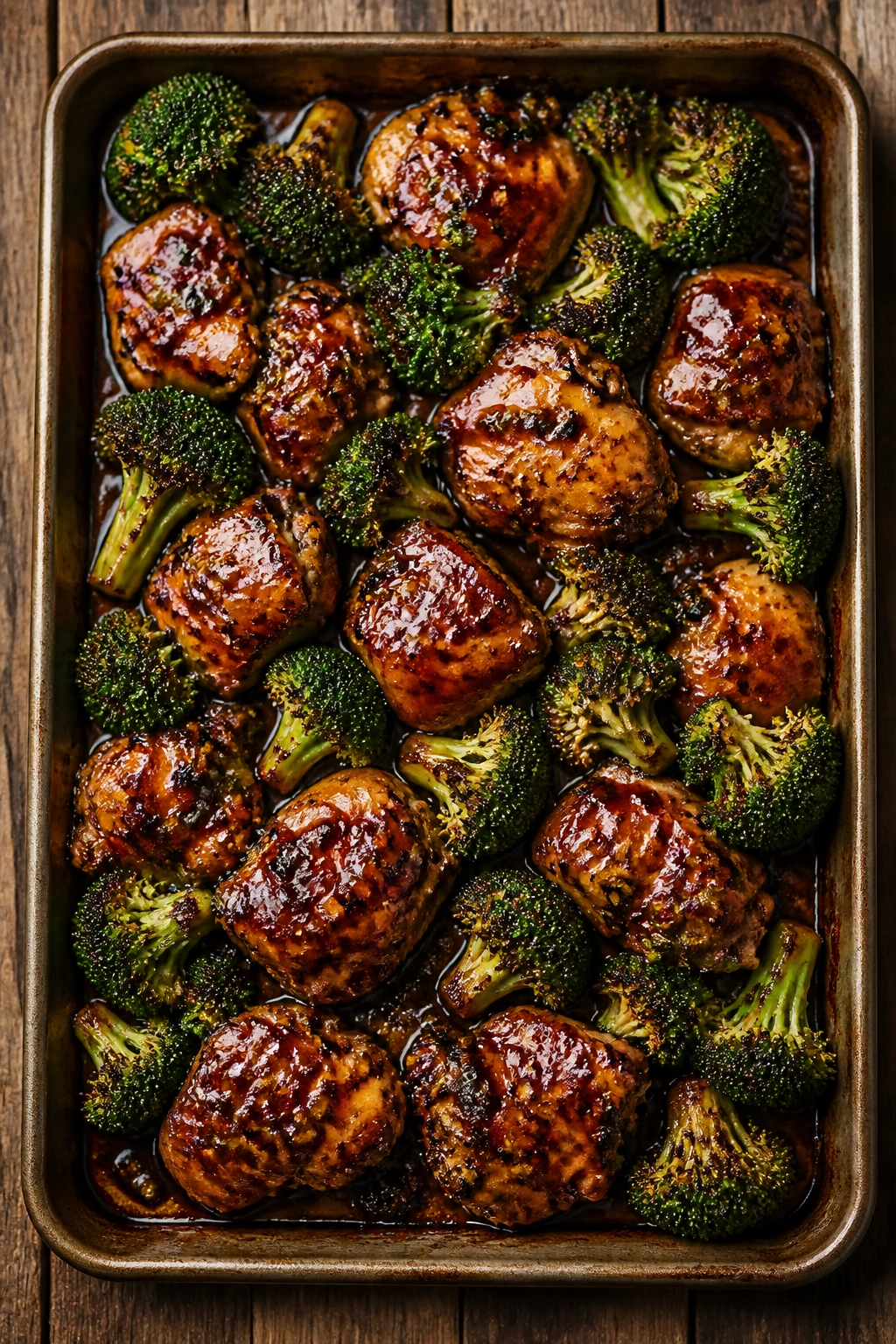 Close-up of sheet-pan teriyaki chicken and broccoli with a glossy glaze