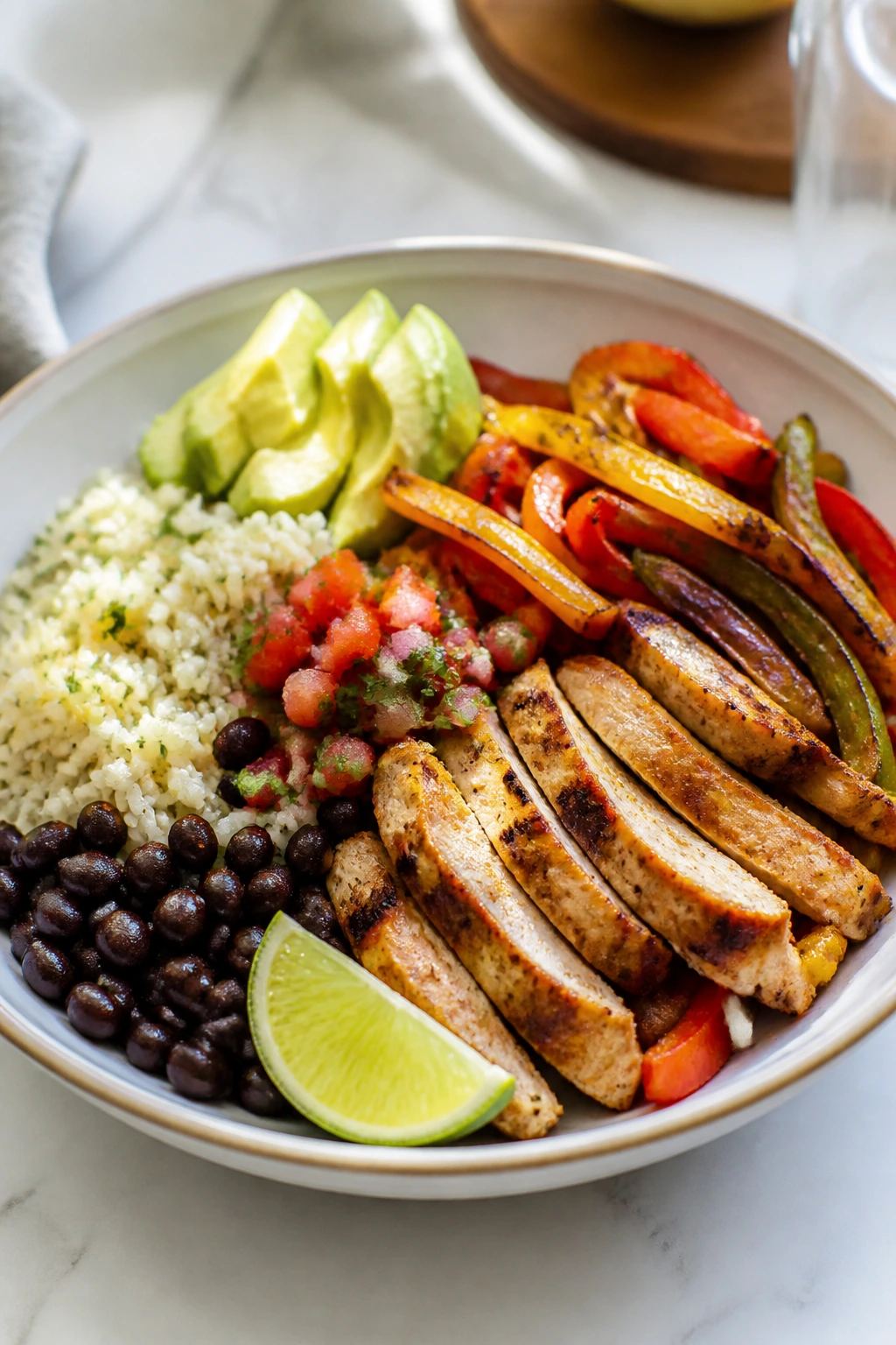 Sheet-pan inspired burrito bowl with roasted chicken and fajita vegetables