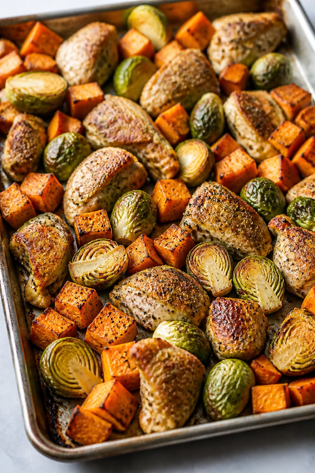 Sheet-pan roasted chicken with sweet potatoes and Brussels sprouts