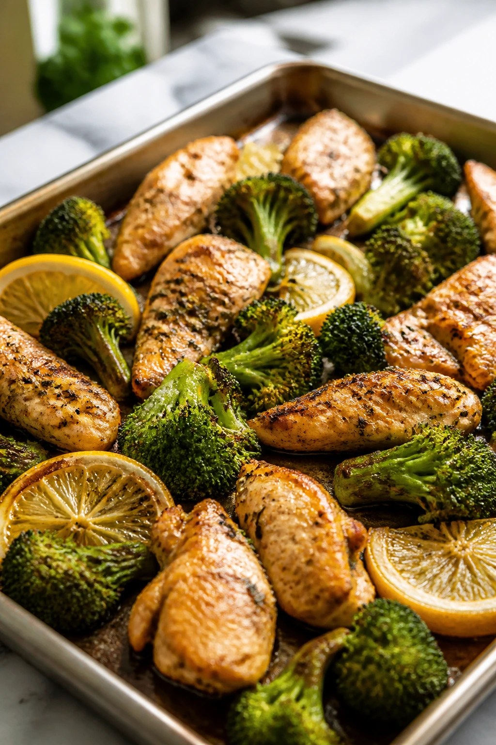 Close-up of sheet-pan chicken and broccoli with crisp edges on a kitchen counter