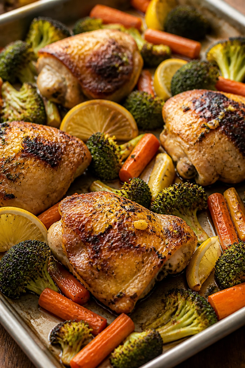 Sheet-pan chicken with broccoli and carrots on a wooden counter