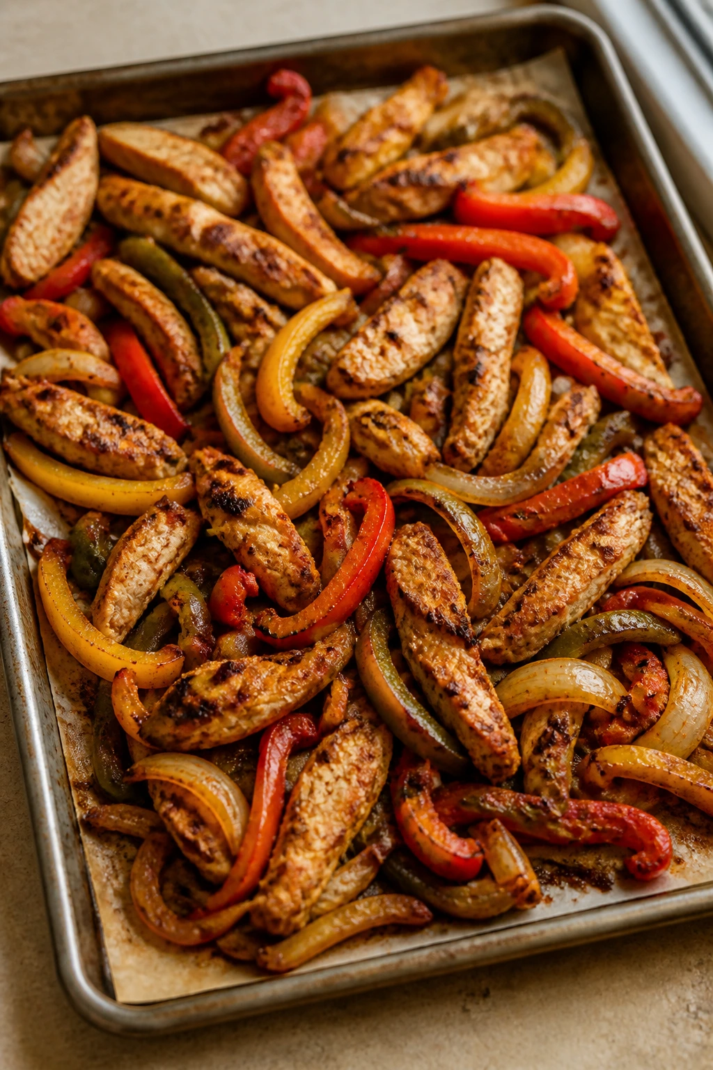 Close-up of sheet-pan chicken fajitas with peppers and onions