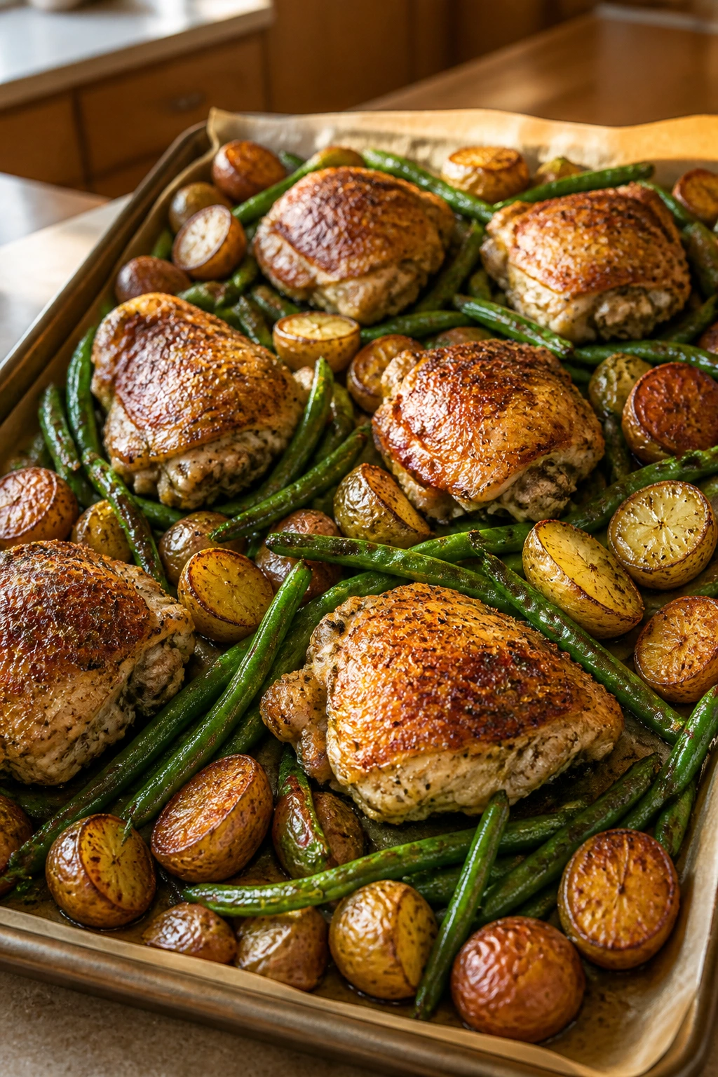 Close-up of a sheet-pan dinner with crispy chicken thighs, potatoes, and green beans