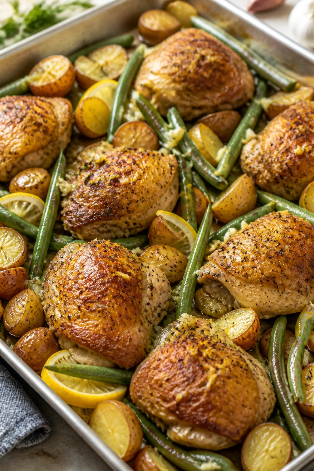 Close-up of sheet-pan dinner with lemon-garlic chicken thighs, potatoes, and green beans.