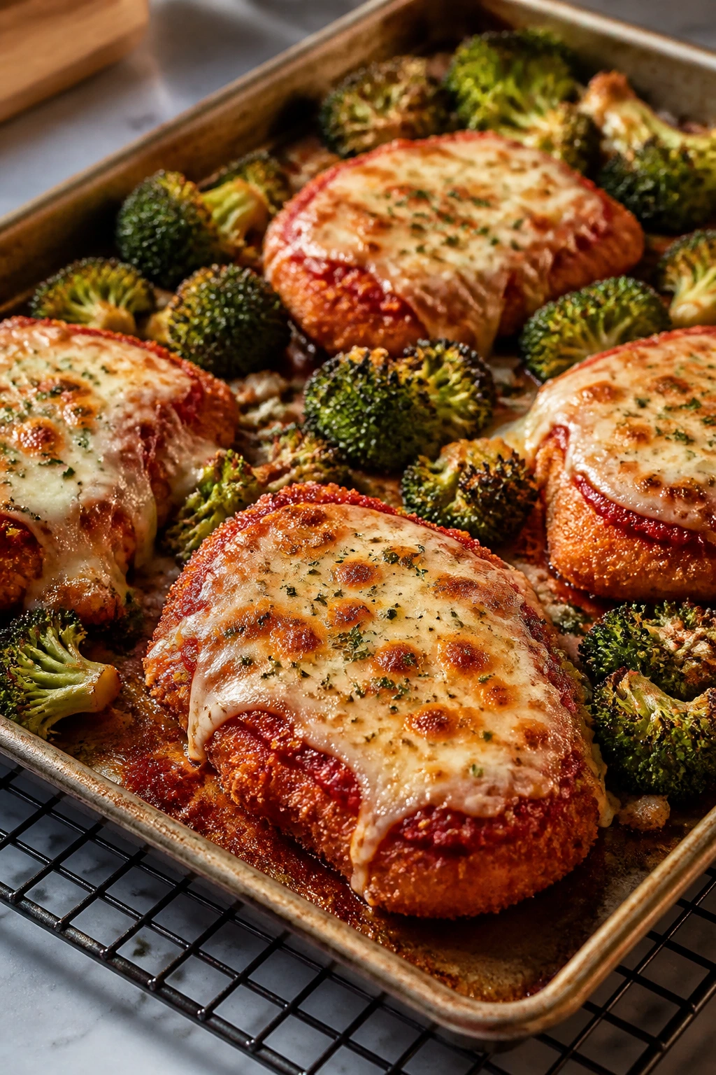 Sheet pan chicken parmesan with broccoli on kitchen counter