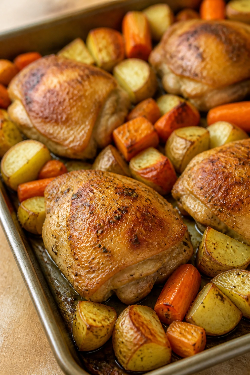 Close-up of sheet-pan roasted chicken and potatoes with carrots on a pan