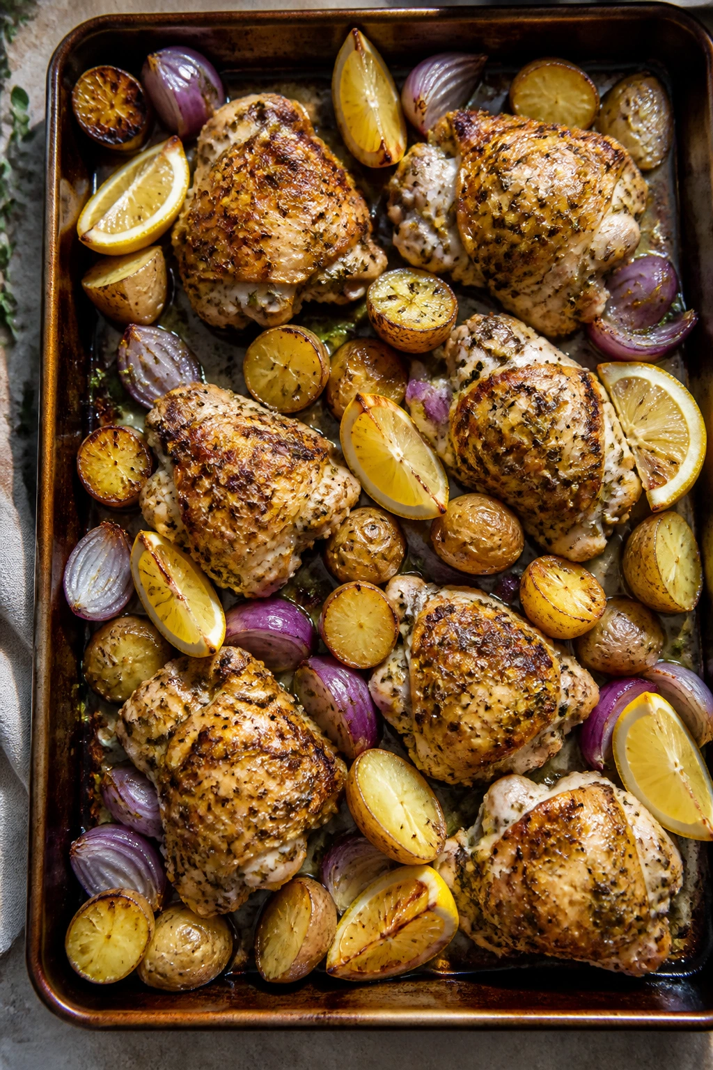 Overhead view of a sheet-pan lemon chicken with potatoes