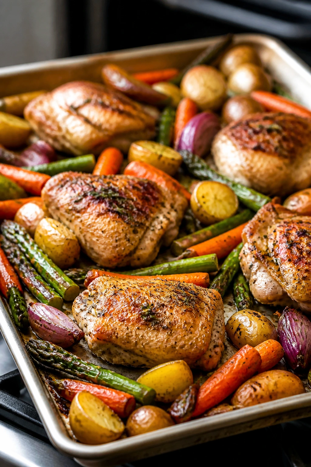 Sheet-pan roasted chicken with spring vegetables on a pan