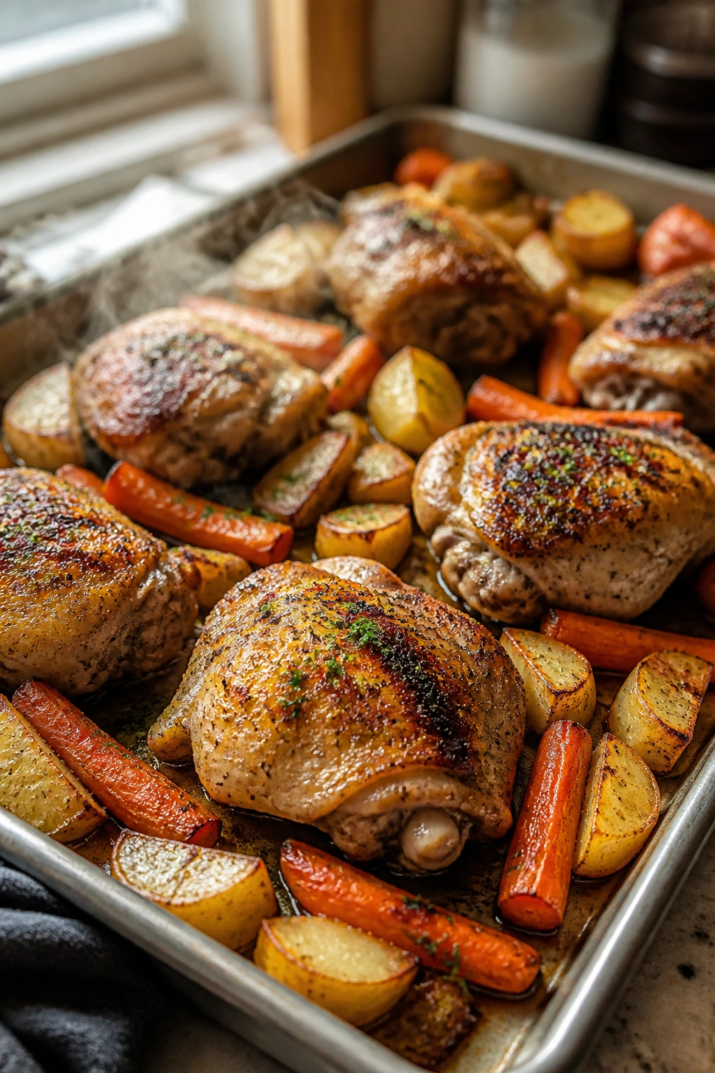 Close-up of sheet pan chicken thighs with potatoes and carrots in a home kitchen
