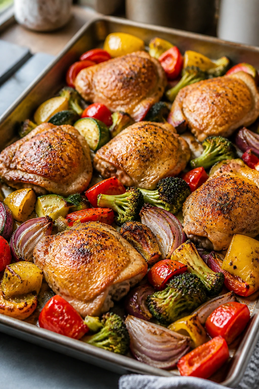 Close-up of a sheet pan dinner with roasted chicken and vegetables filling the frame