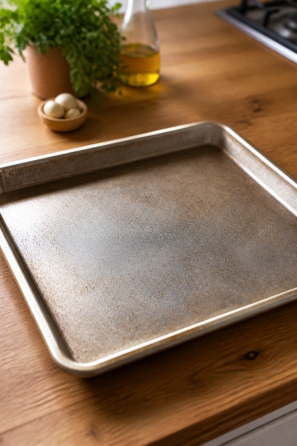 Close-up of a large sheet pan on a wooden counter in a kitchen