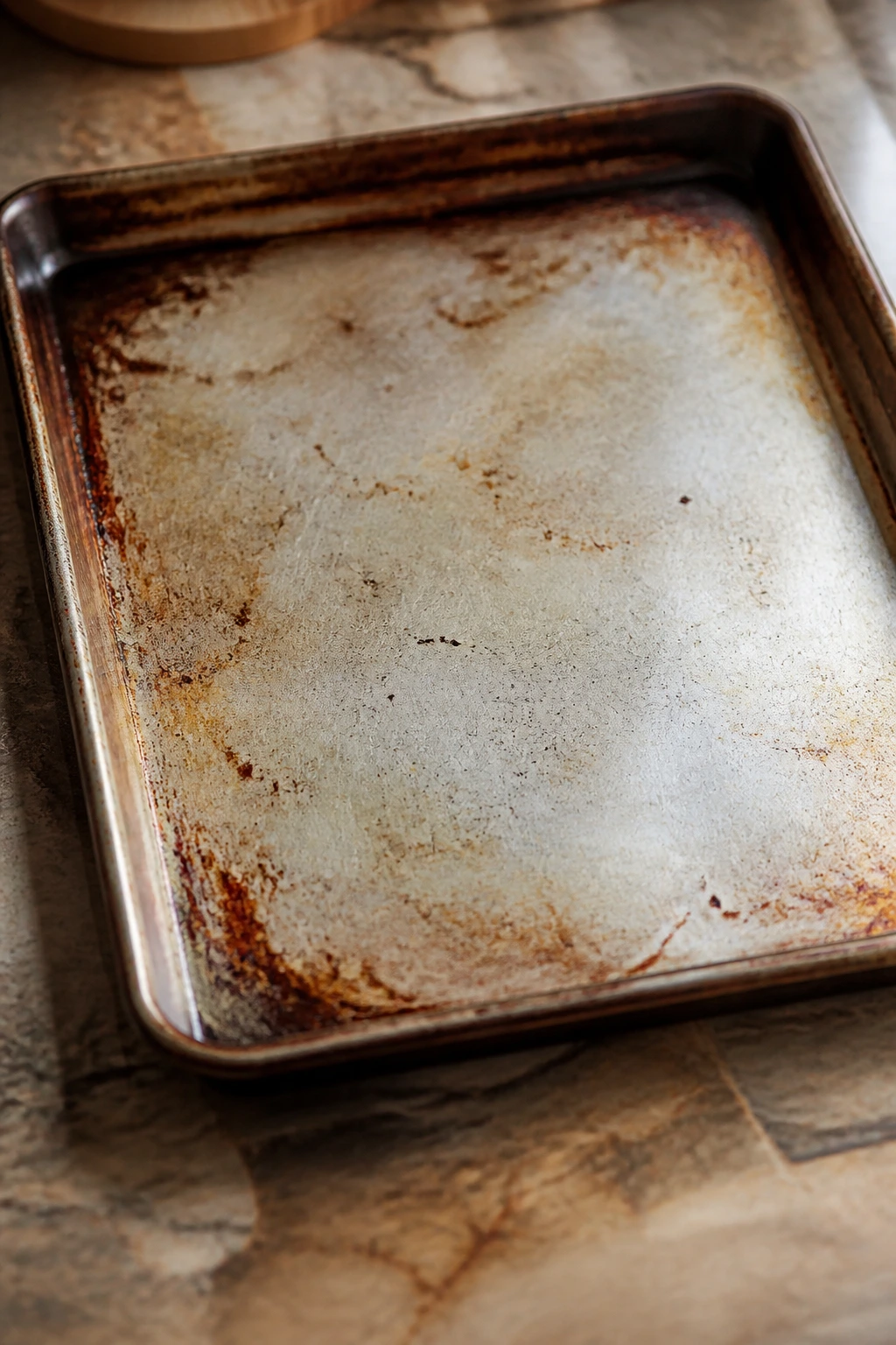 Close-up of a large sheet pan in a warm kitchen