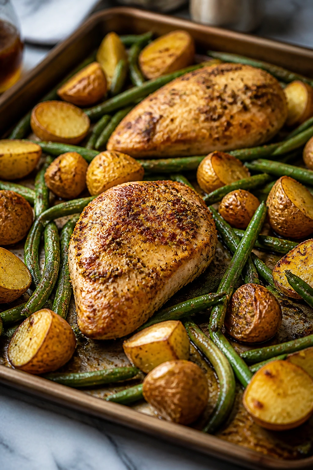 Sheet-pan Dijon chicken with potatoes and green beans on pan