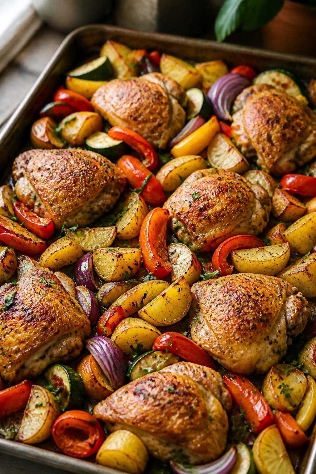 Large sheet pan with roasted chicken and vegetables in a warm kitchen.