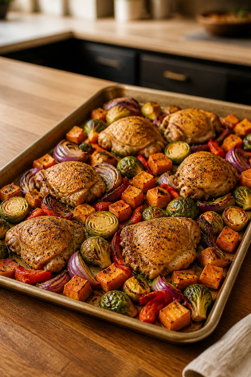 Large sheet pan with a complete roasted dinner on a kitchen island