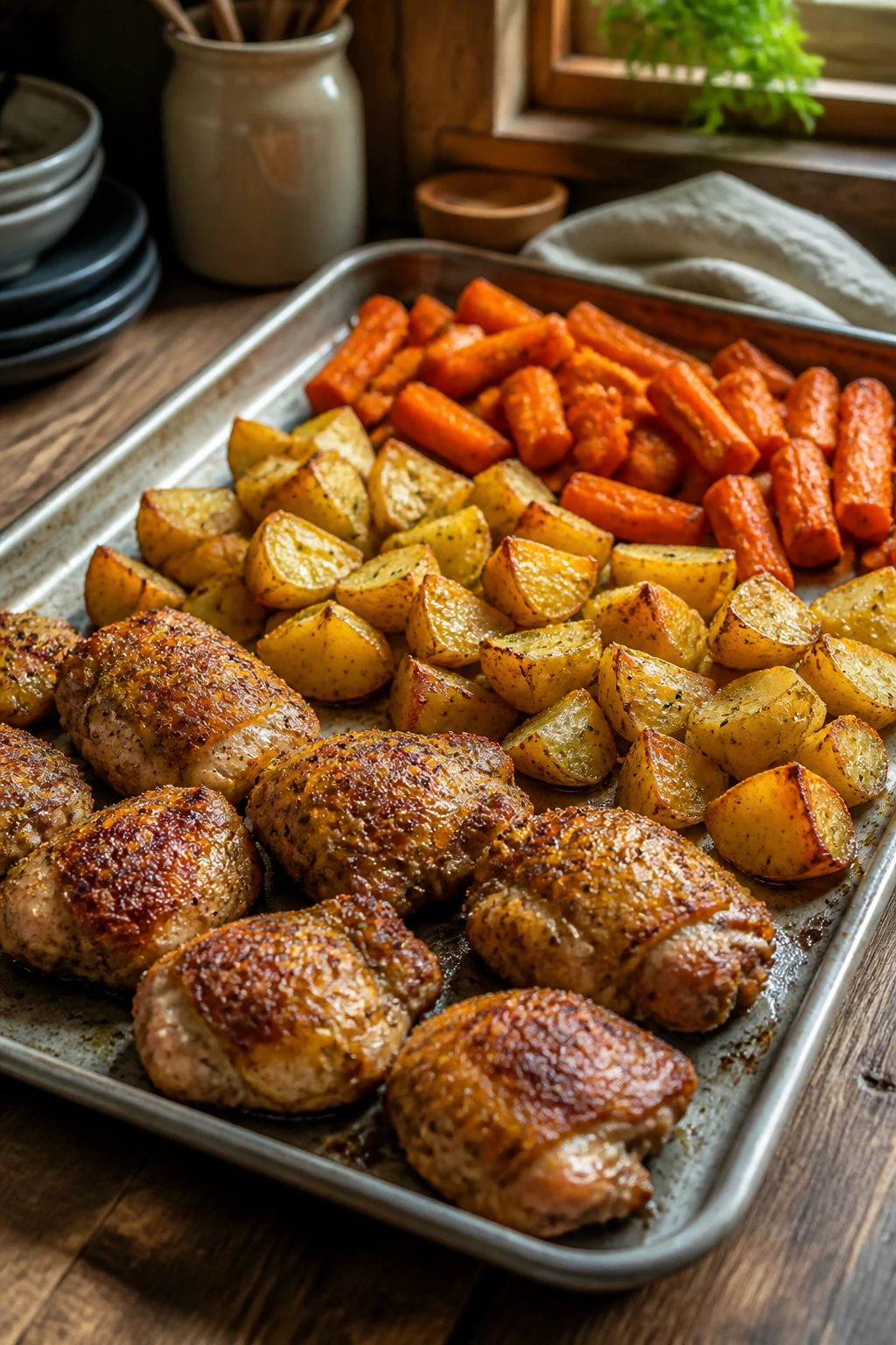 Close-up of a sheet pan dinner with browned chicken, crispy potatoes, and roasted carrots in a home kitchen