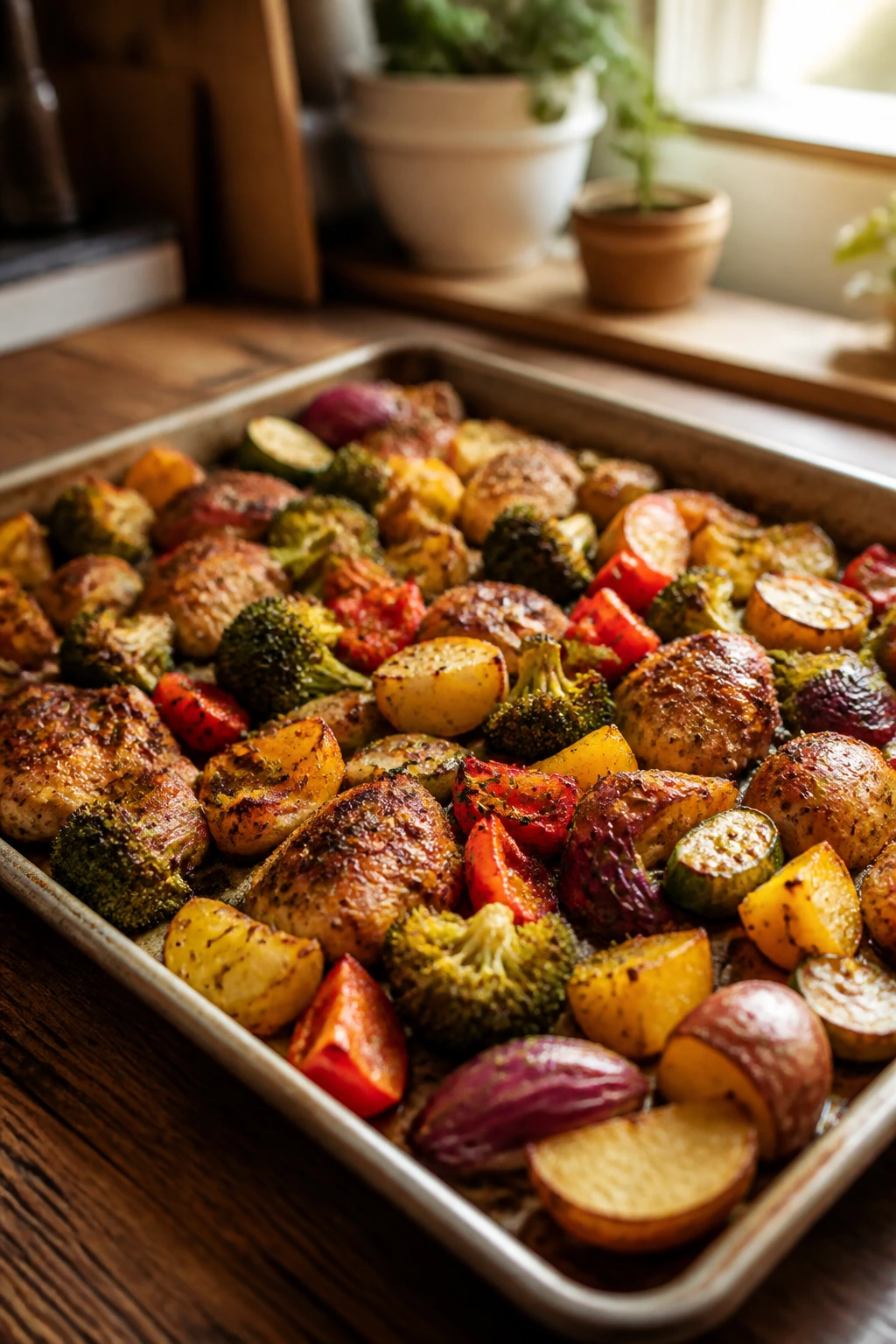 Close-up of a sheet pan with roasted vegetables and protein on a wooden kitchen counter
