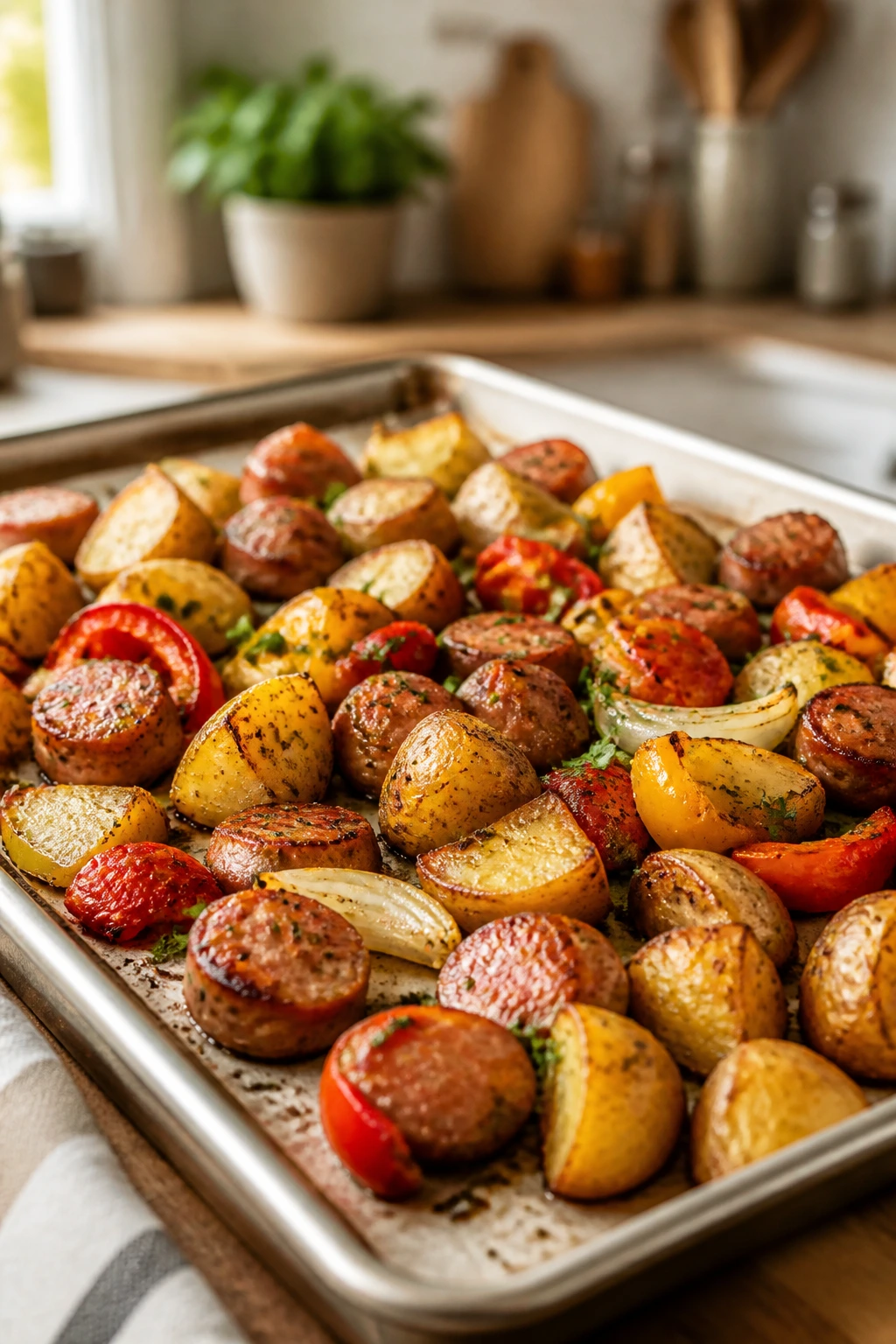 Close-up of sheet-pan roasted sausage, potatoes, peppers, and onions on parchment