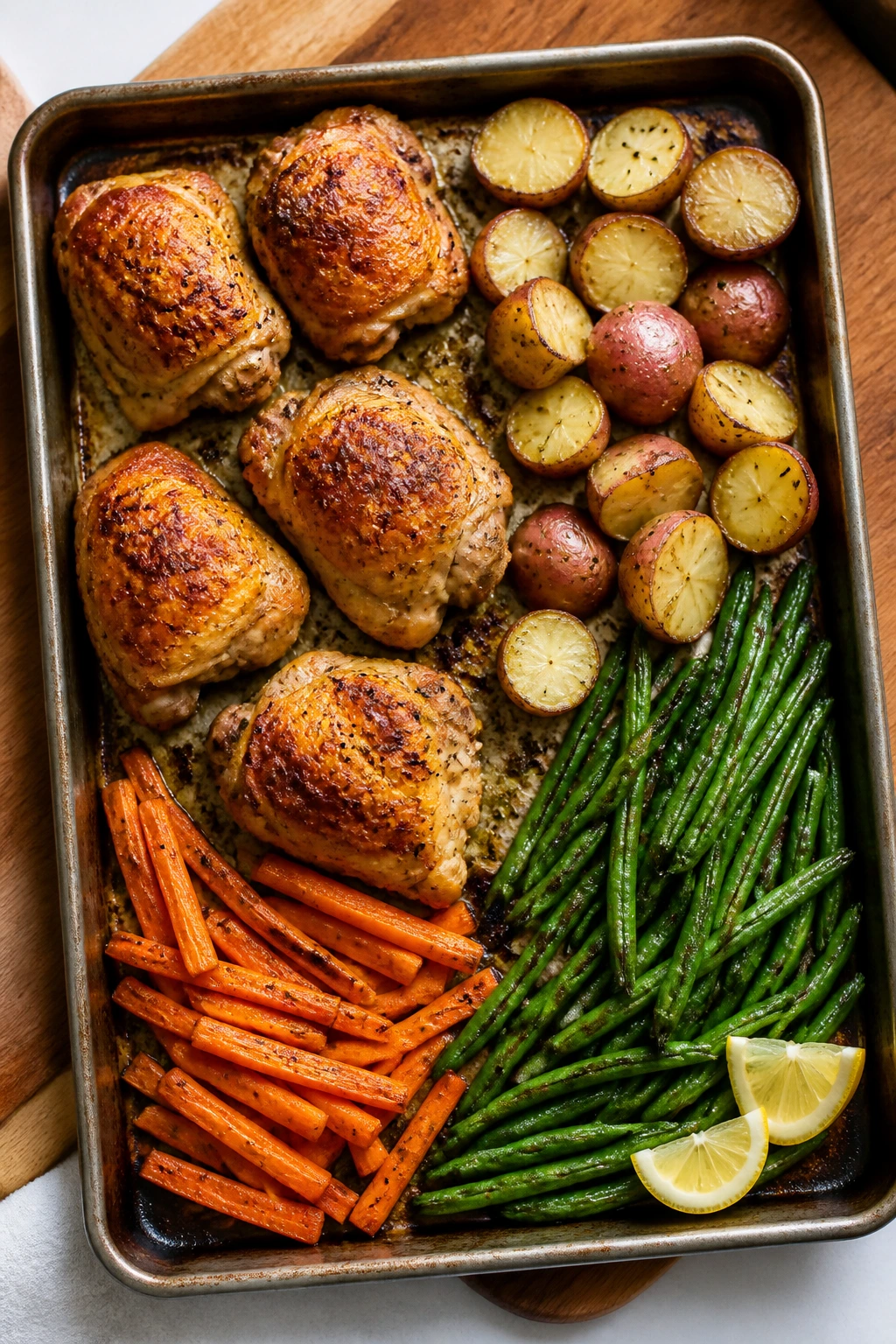 Close-up of a sheet pan dinner showing visible browned edges and separated vegetables