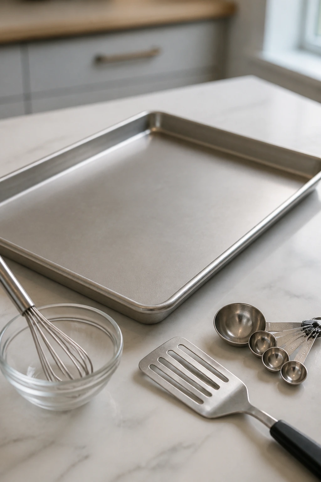 Close-up of a sheet pan on a kitchen counter