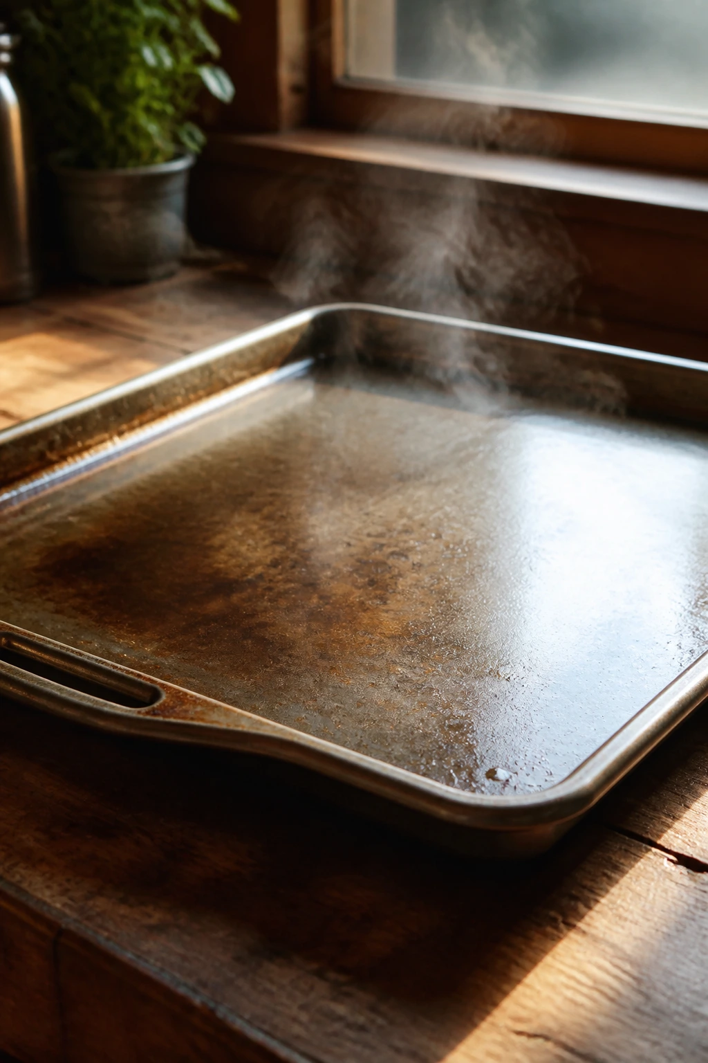 Close-up of a large sheet pan on a wooden kitchen counter, ready for roasting