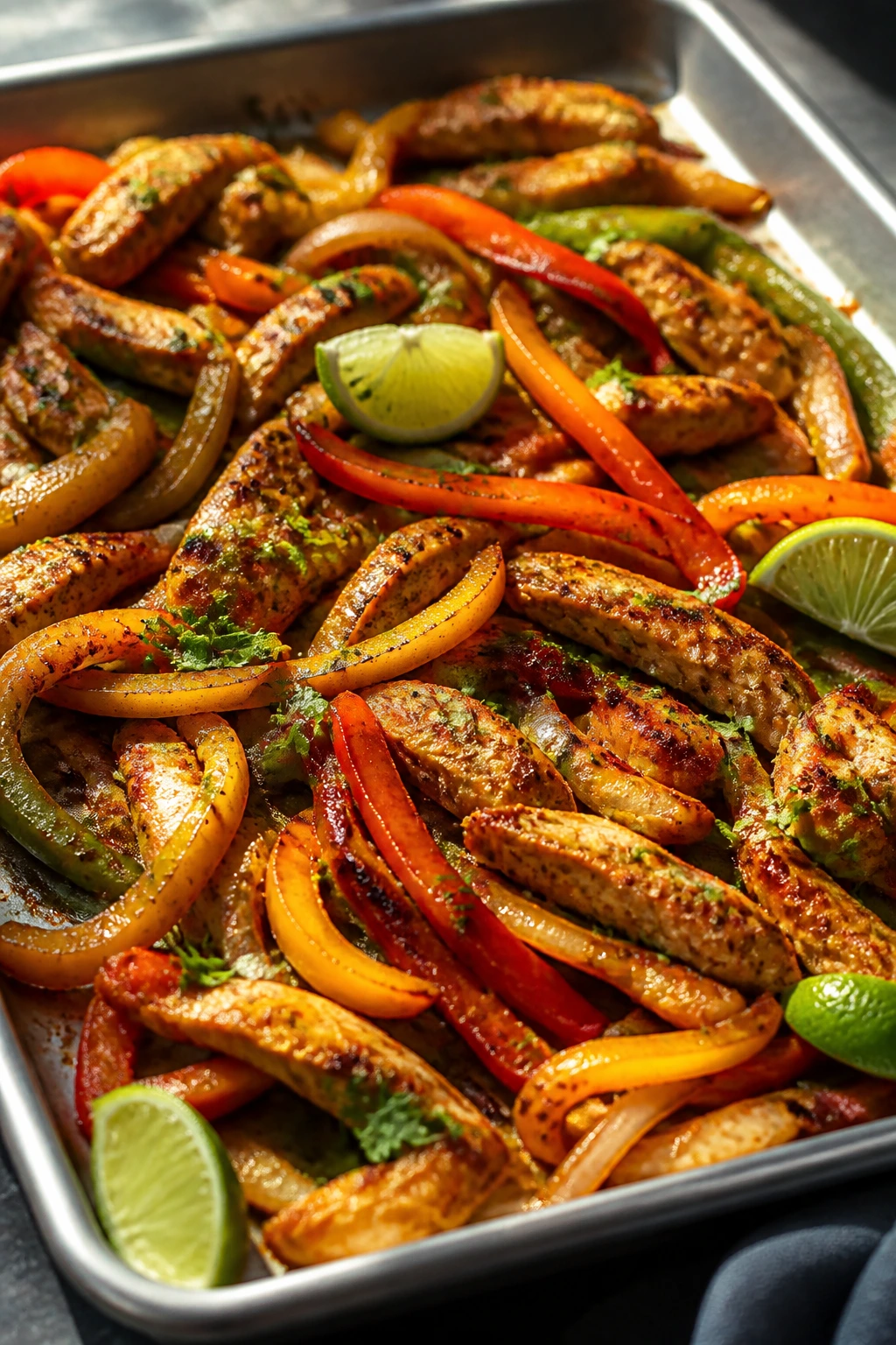 Close-up of chicken and peppers on sheet pan