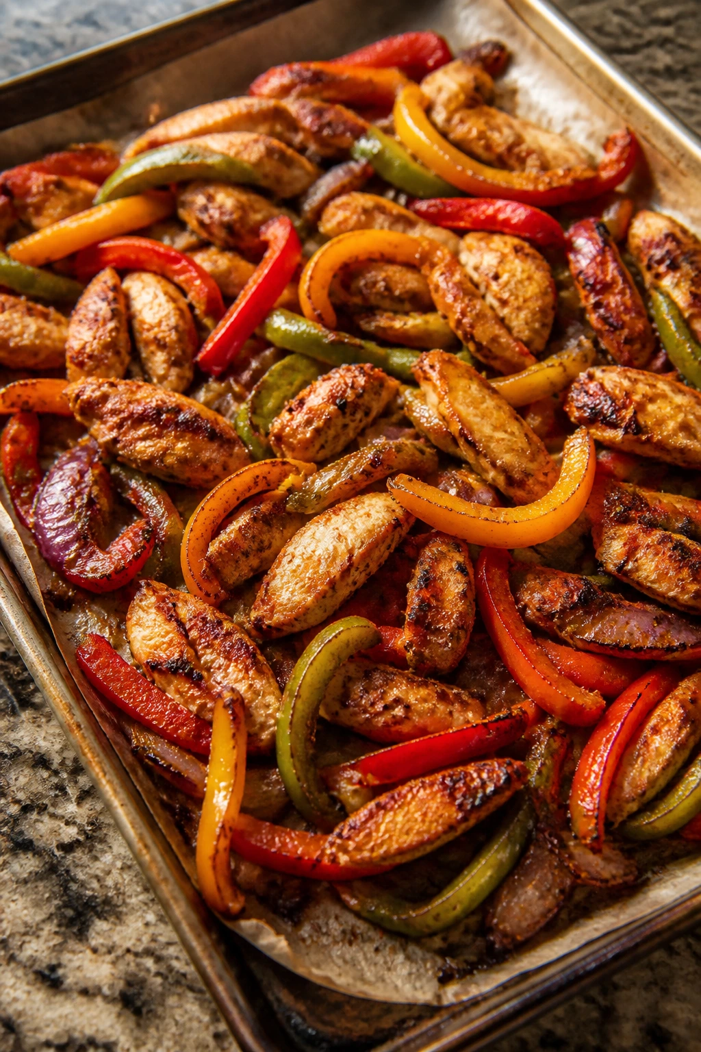 Close-up of sheet-pan chicken fajitas on a sheet pan