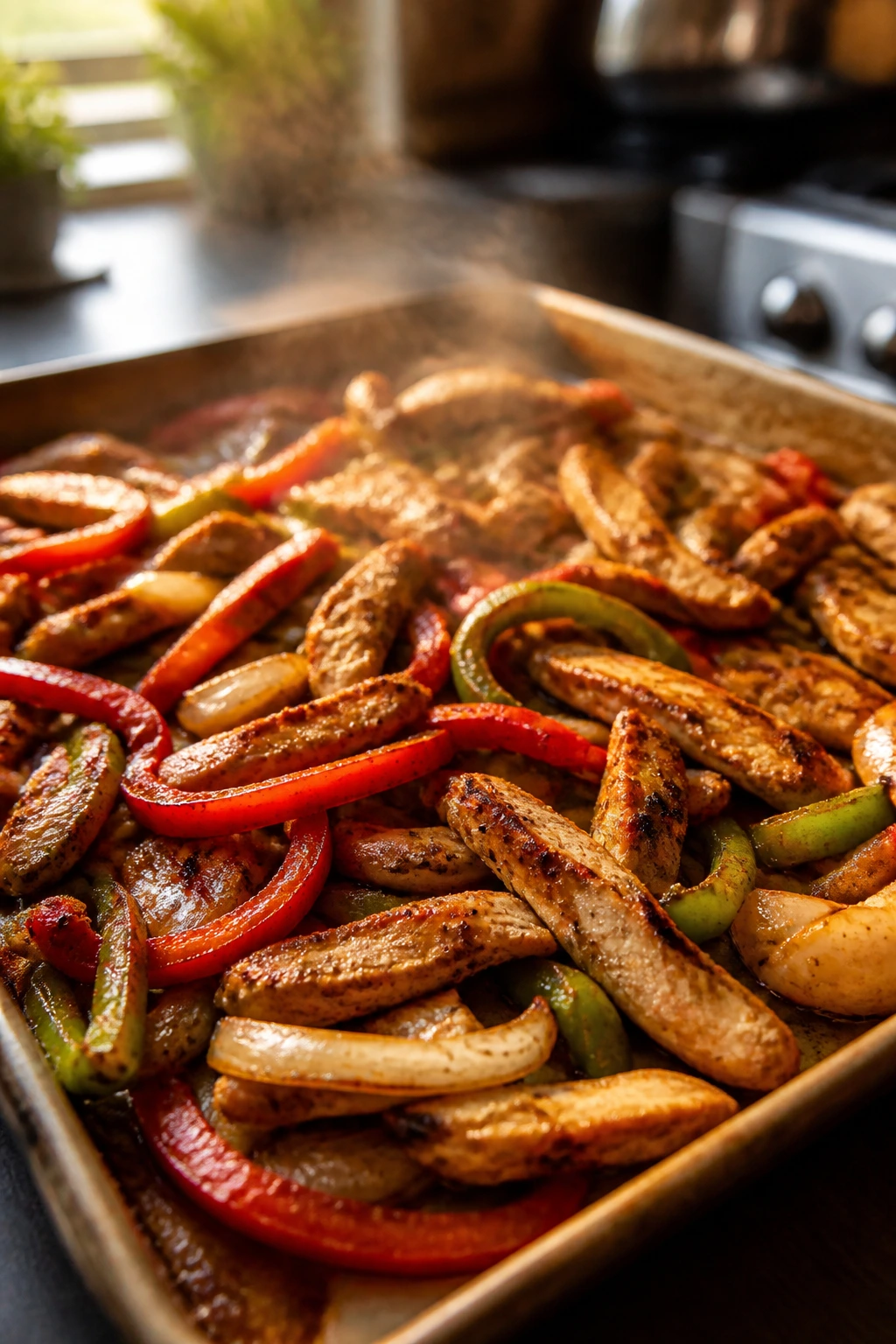 Sheet pan chicken fajitas close-up with peppers and onions on a sheet pan in a warm kitchen